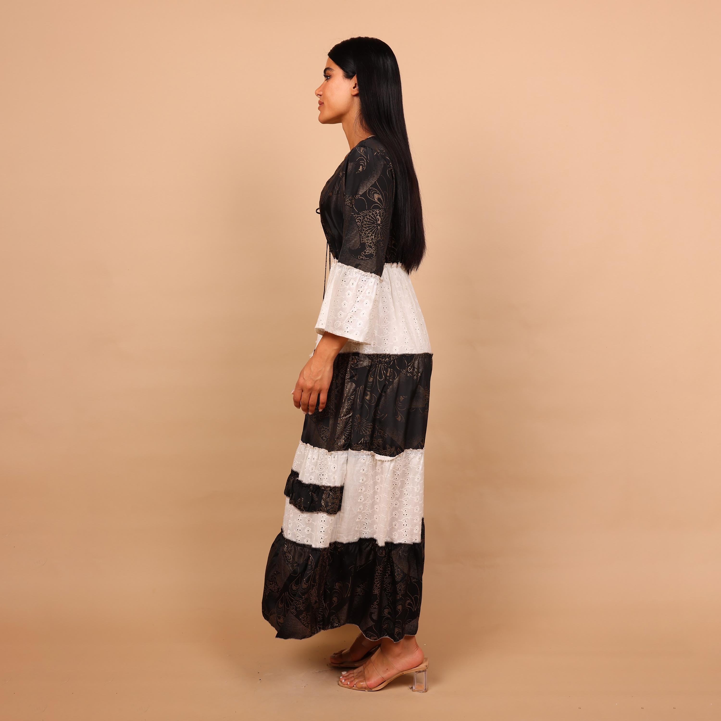 IKKXA Color-Blocked Schiffli Bell Sleeves Women's Tiered Jalabiya-women-arabicclothing-jalabiyas-image-4