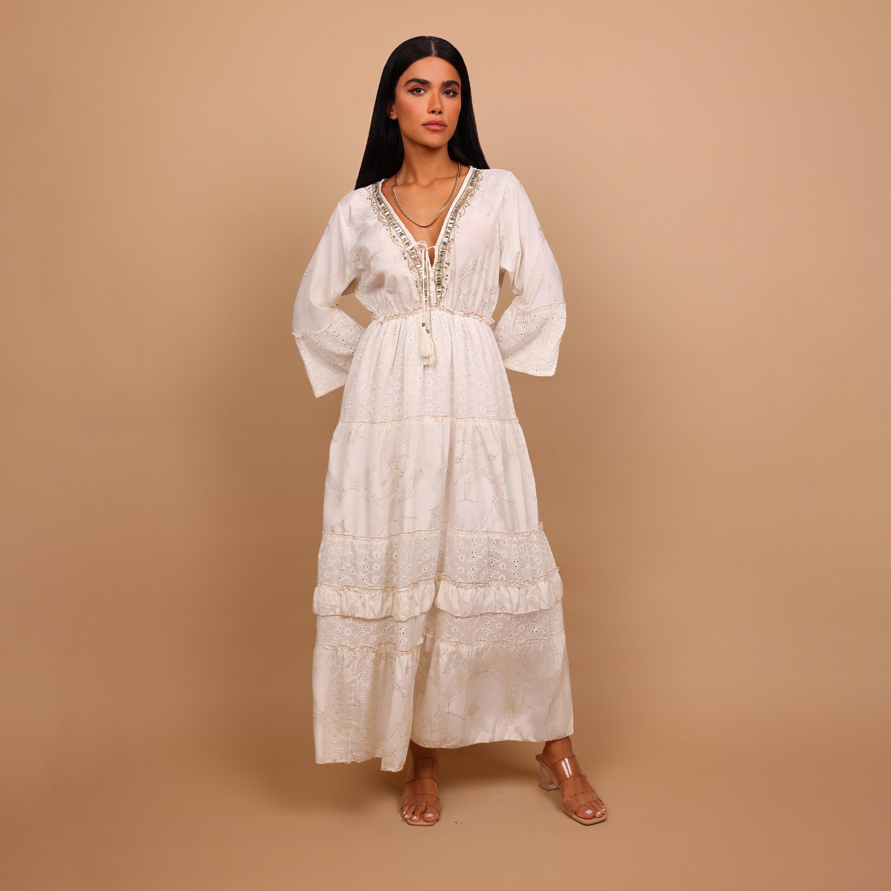 IKKXA Color-Blocked Schiffli Bell Sleeves Women's Tiered Jalabiya-women-arabicclothing-jalabiyas-image-2