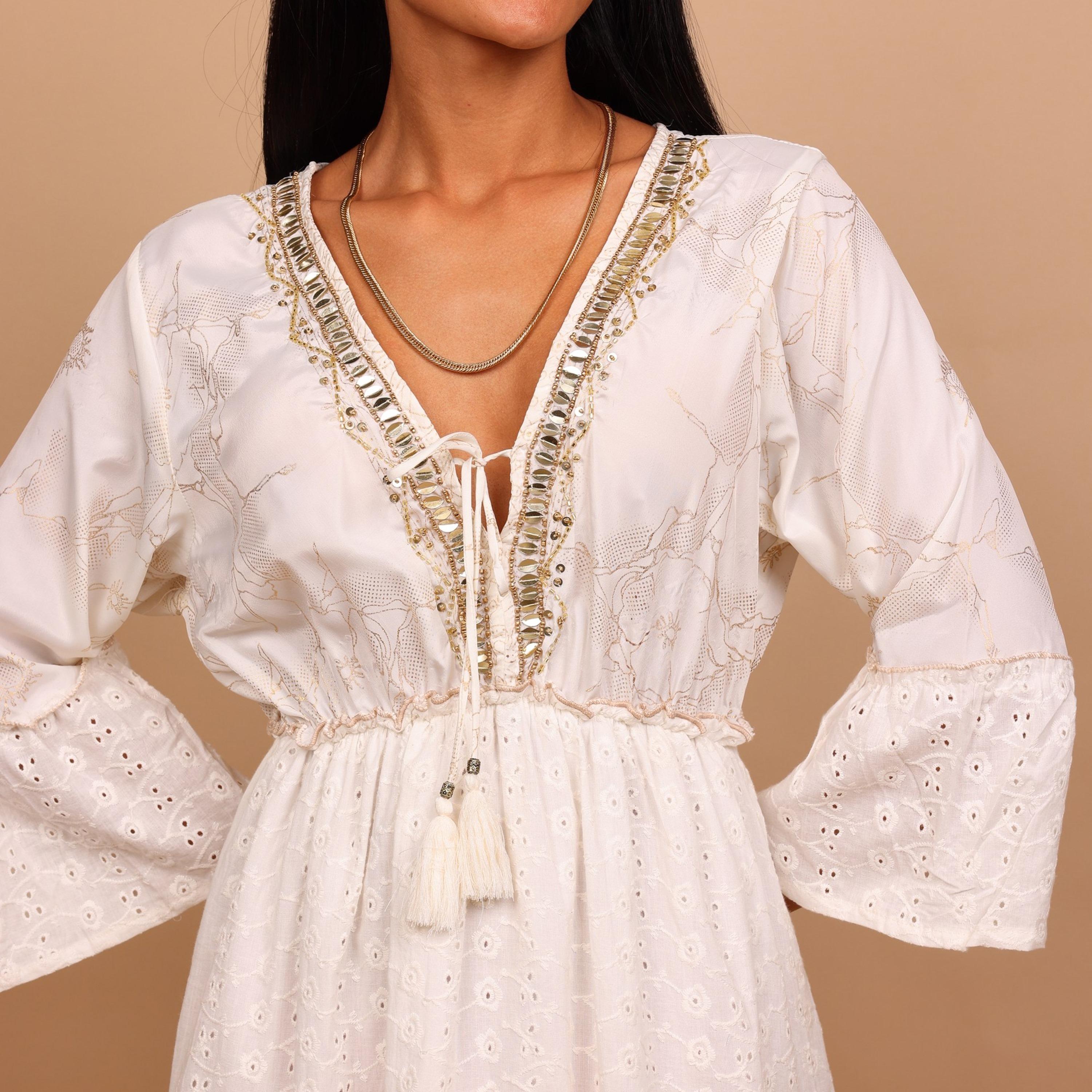 جلابية نسائية بطبقات بتصميم كتل الألوان وأكمام جرس وقماش شيفلي من إيككسا-women-arabicclothing-jalabiyas-image-8