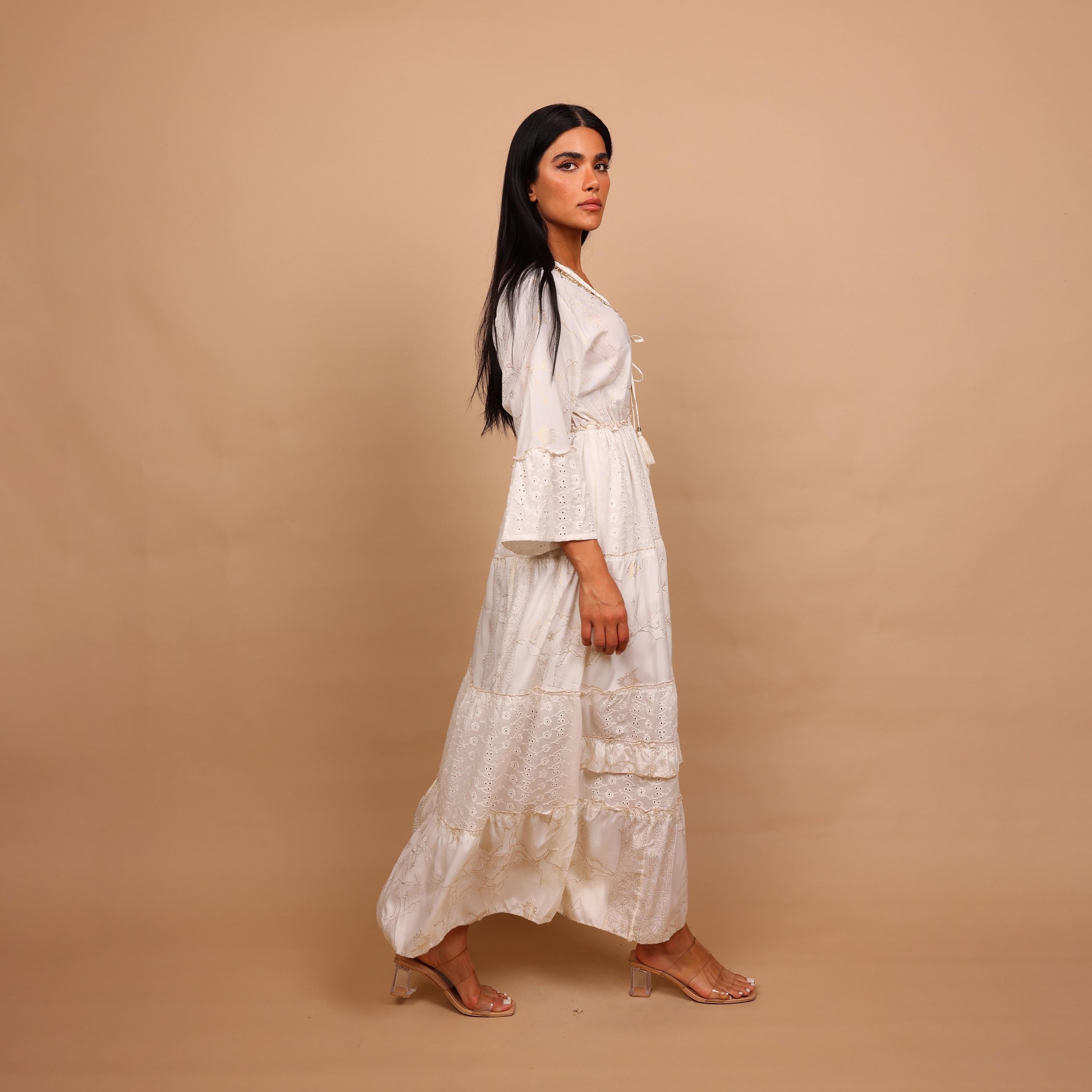 IKKXA Color-Blocked Schiffli Bell Sleeves Women's Tiered Jalabiya-women-arabicclothing-jalabiyas-image-4