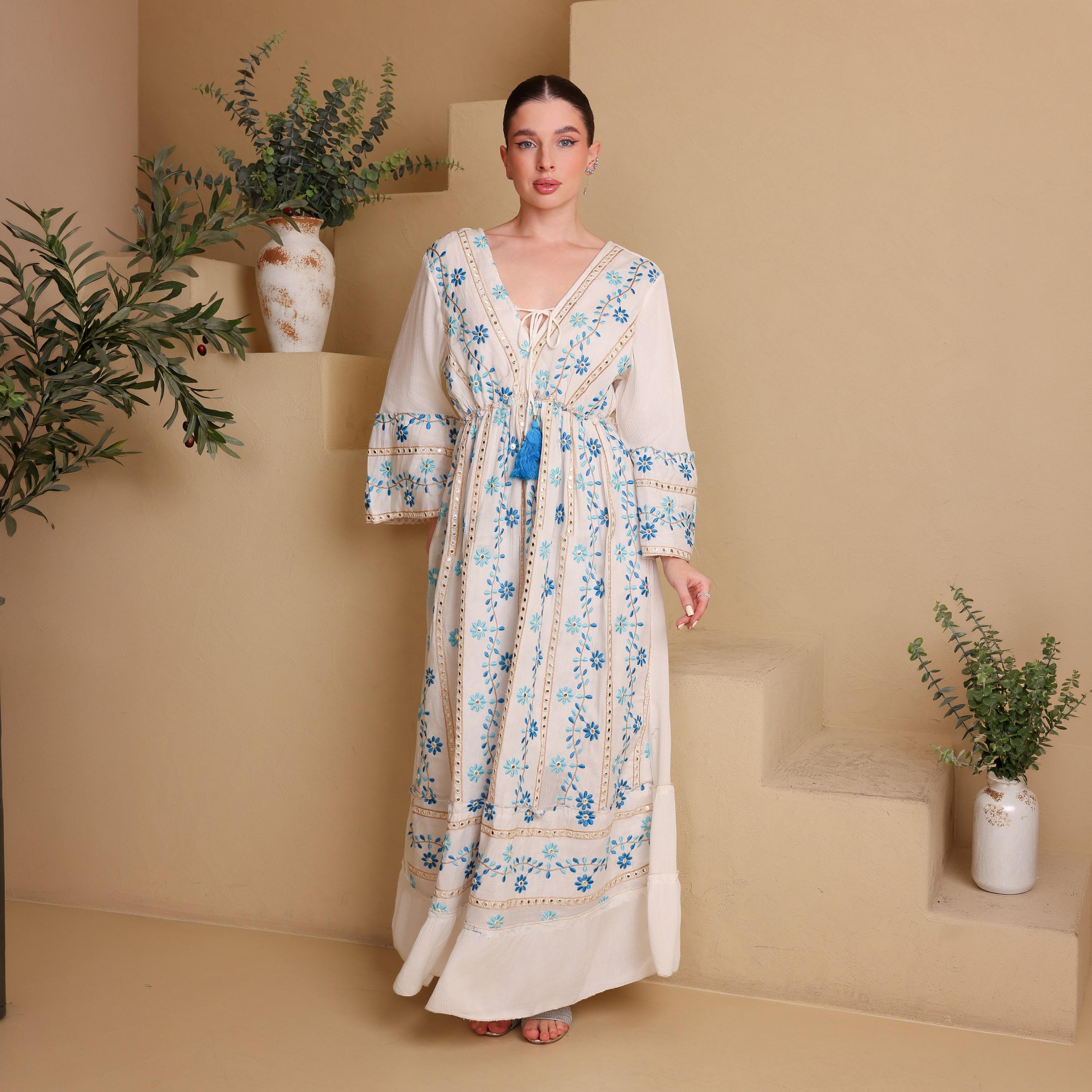 IKKXA Mirror Work Floral Embroidered Bell Sleeves Women's Evening Tiered Jalabiya-women-arabicclothing-jalabiyas-image-1