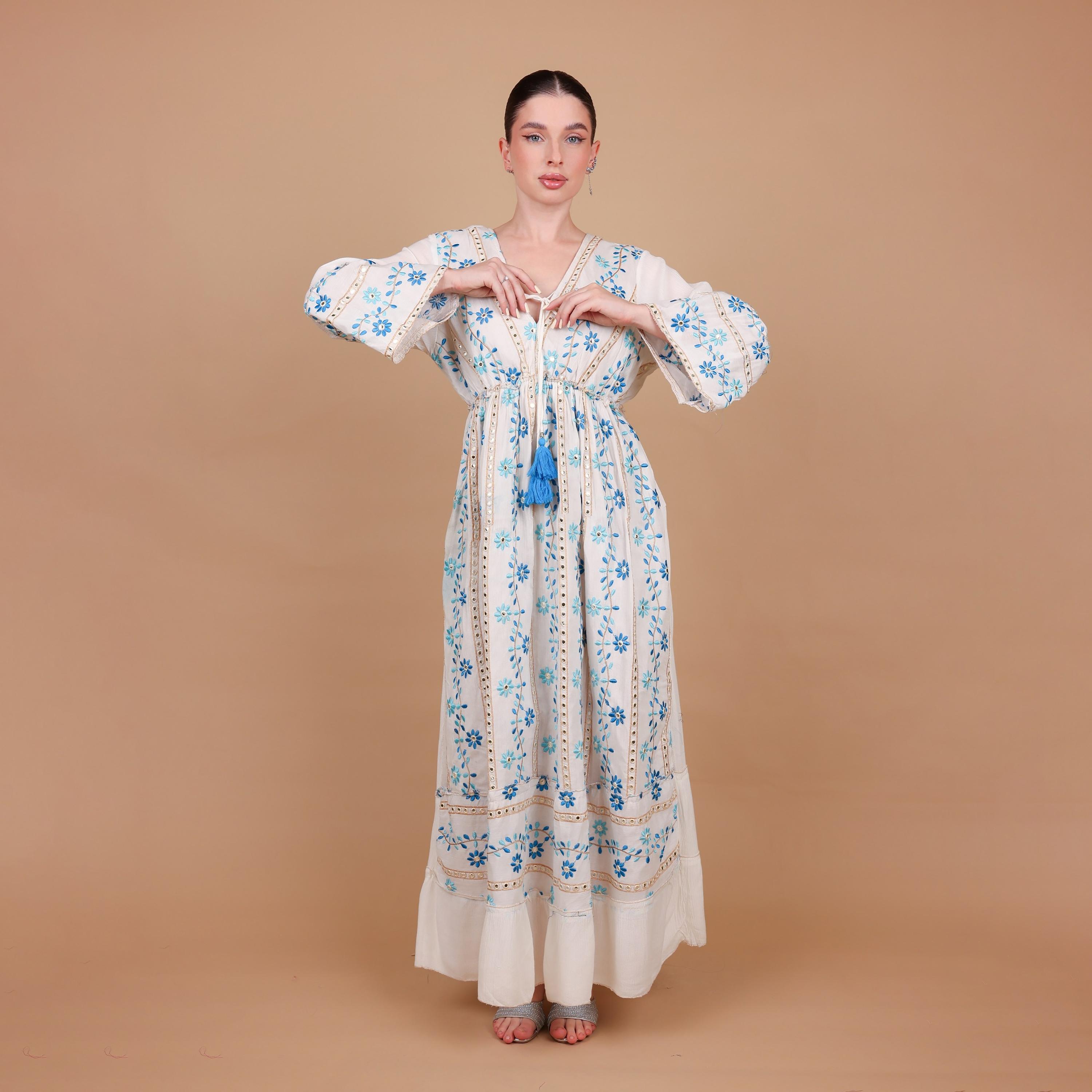 IKKXA Mirror Work Floral Embroidered Bell Sleeves Women's Evening Tiered Jalabiya-women-arabicclothing-jalabiyas-image-2