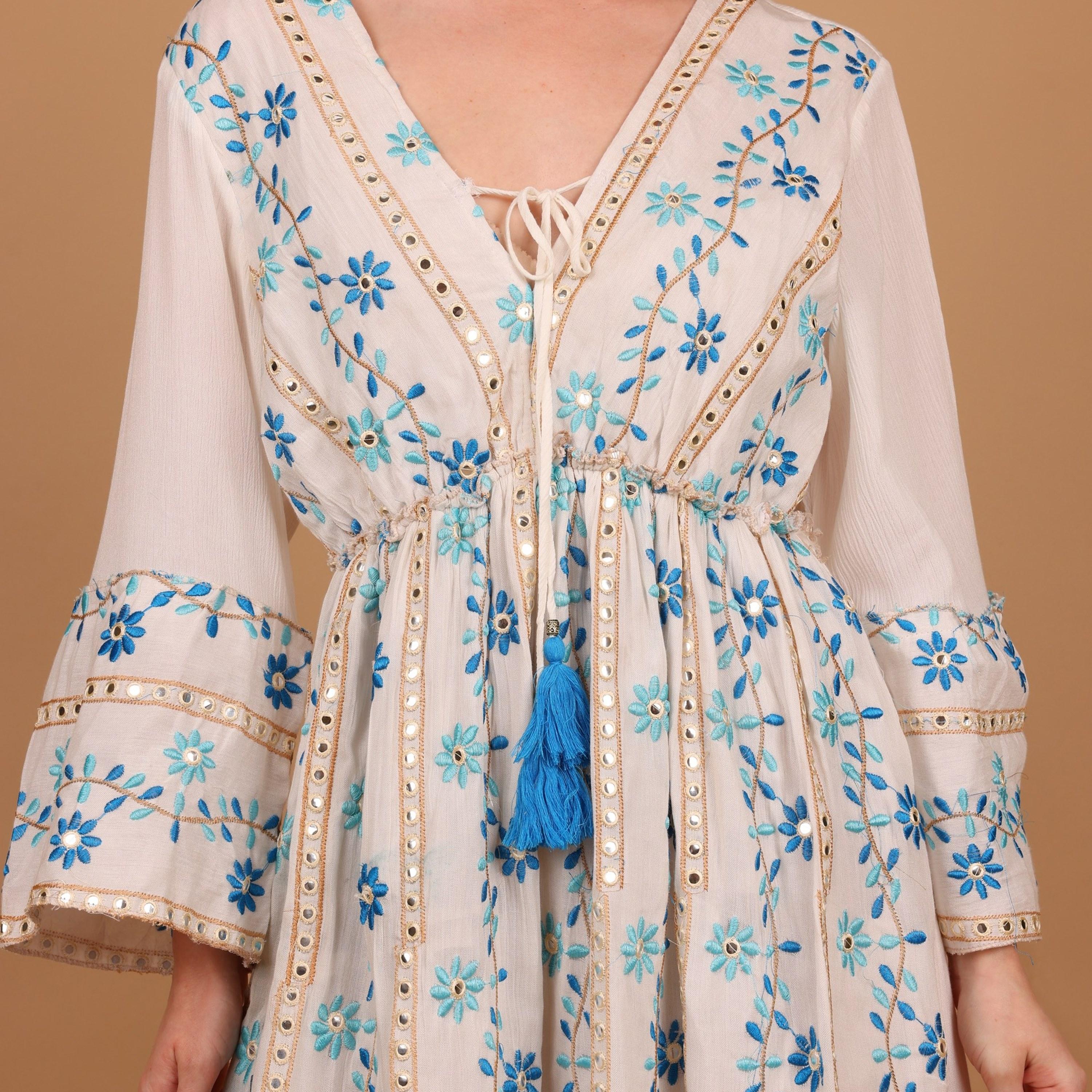 IKKXA Mirror Work Floral Embroidered Bell Sleeves Women's Evening Tiered Jalabiya-women-arabicclothing-jalabiyas-image-3
