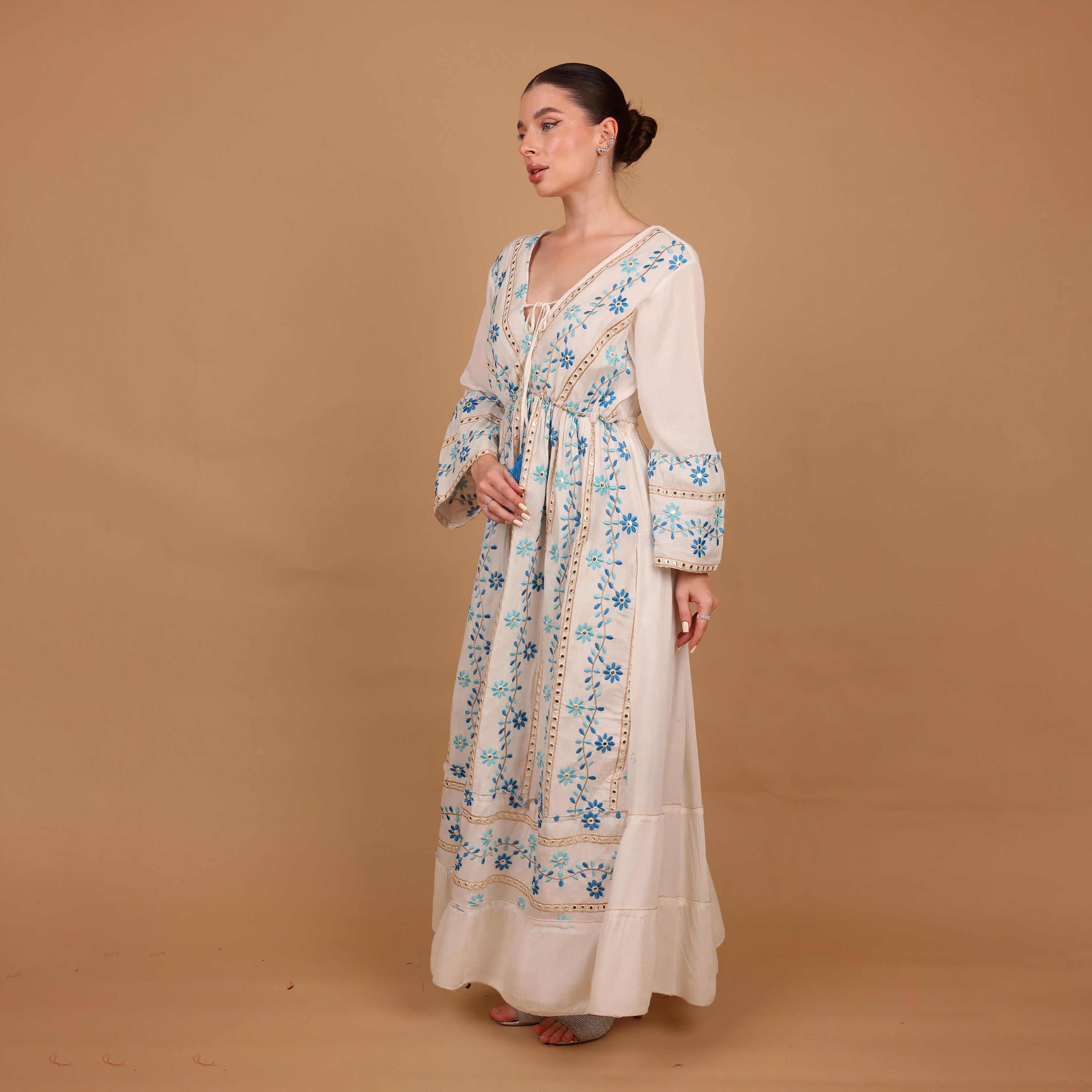 IKKXA Mirror Work Floral Embroidered Bell Sleeves Women's Evening Tiered Jalabiya-women-arabicclothing-jalabiyas-image-4