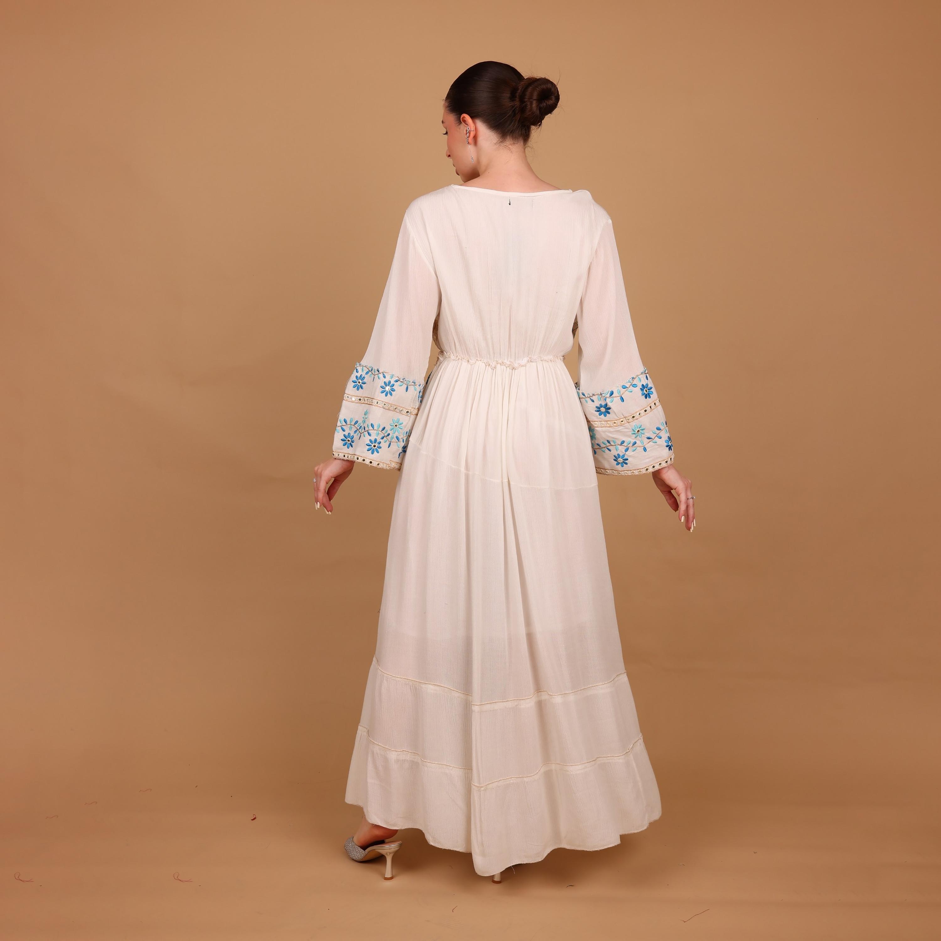 IKKXA Mirror Work Floral Embroidered Bell Sleeves Women's Evening Tiered Jalabiya-women-arabicclothing-jalabiyas-image-5