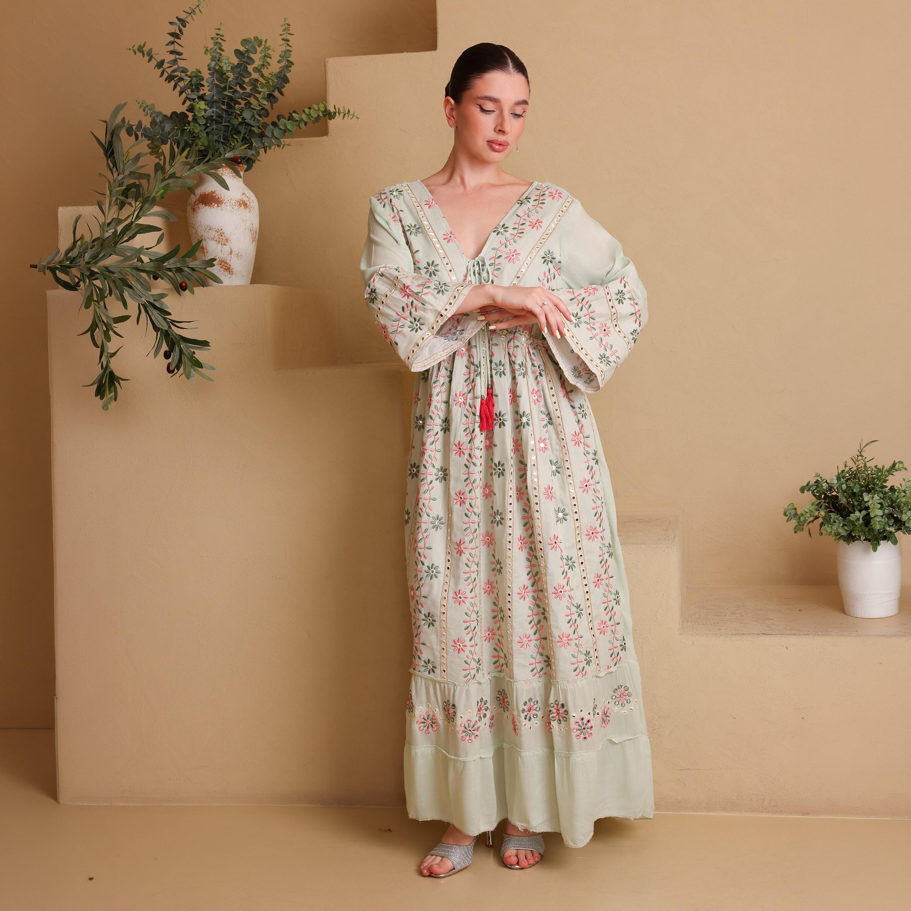 IKKXA Mirror Work Floral Embroidered Bell Sleeves Women's Evening Tiered Jalabiya-women-arabicclothing-jalabiyas-image-1