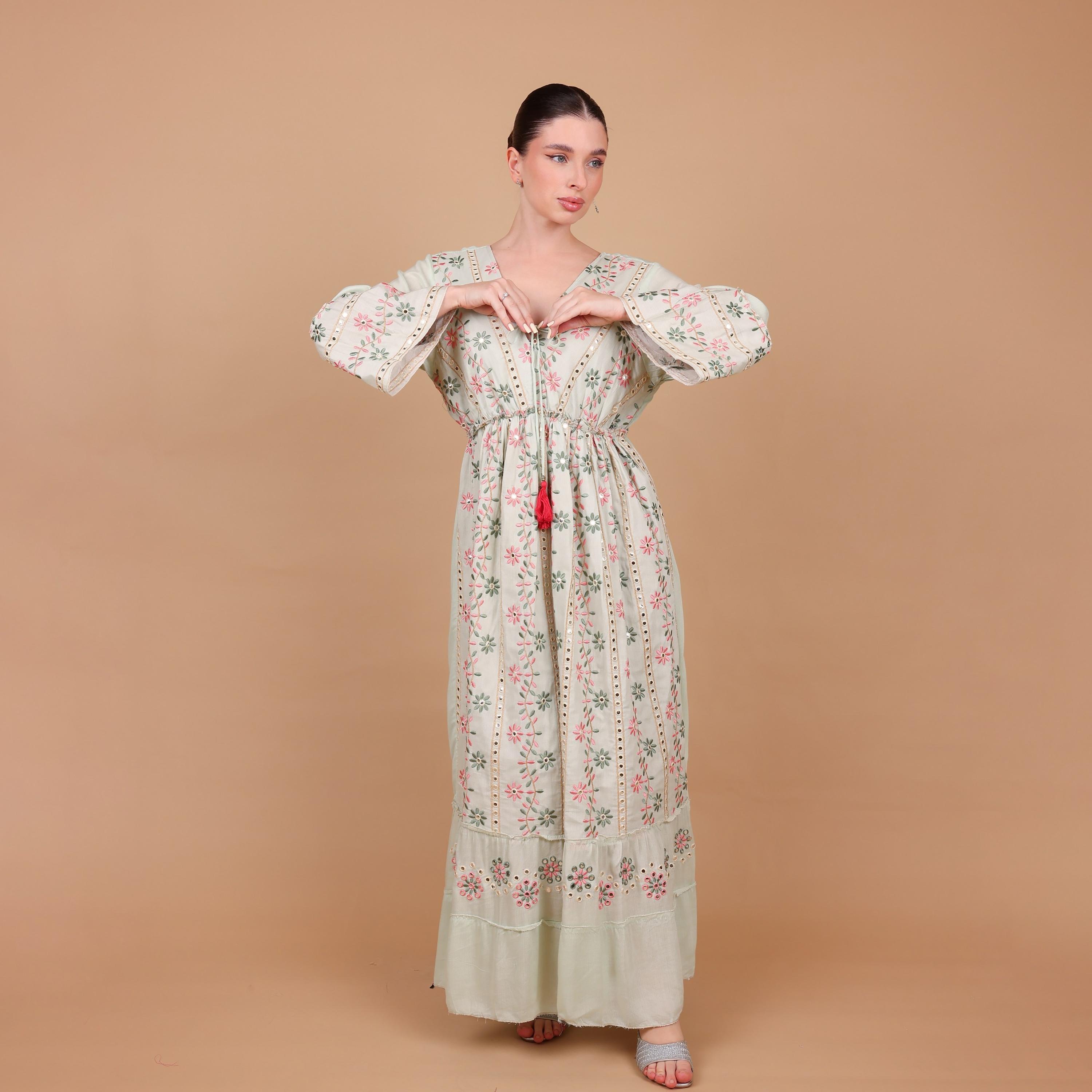 IKKXA Mirror Work Floral Embroidered Bell Sleeves Women's Evening Tiered Jalabiya-women-arabicclothing-jalabiyas-image-2