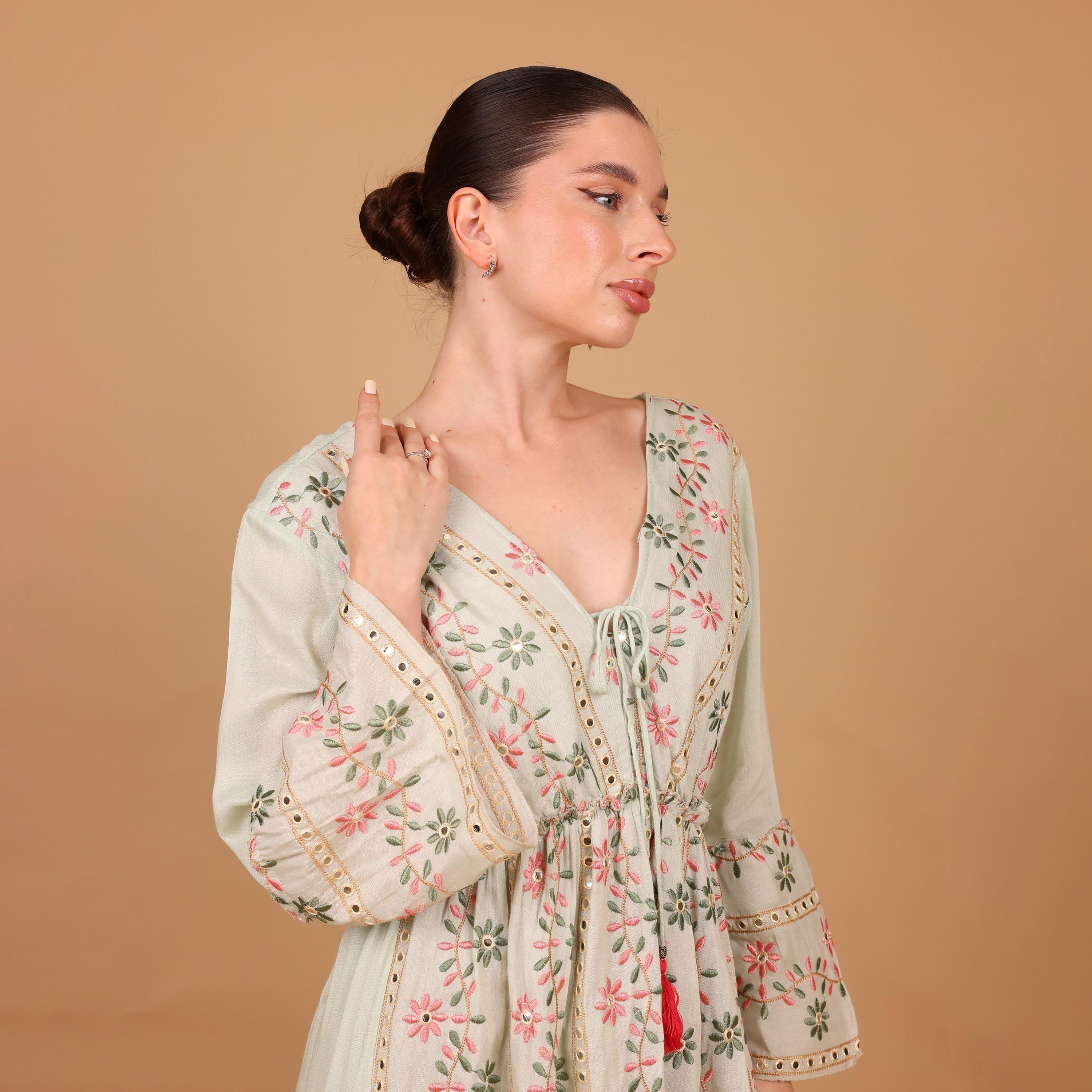 IKKXA Mirror Work Floral Embroidered Bell Sleeves Women's Evening Tiered Jalabiya-women-arabicclothing-jalabiyas-image-3