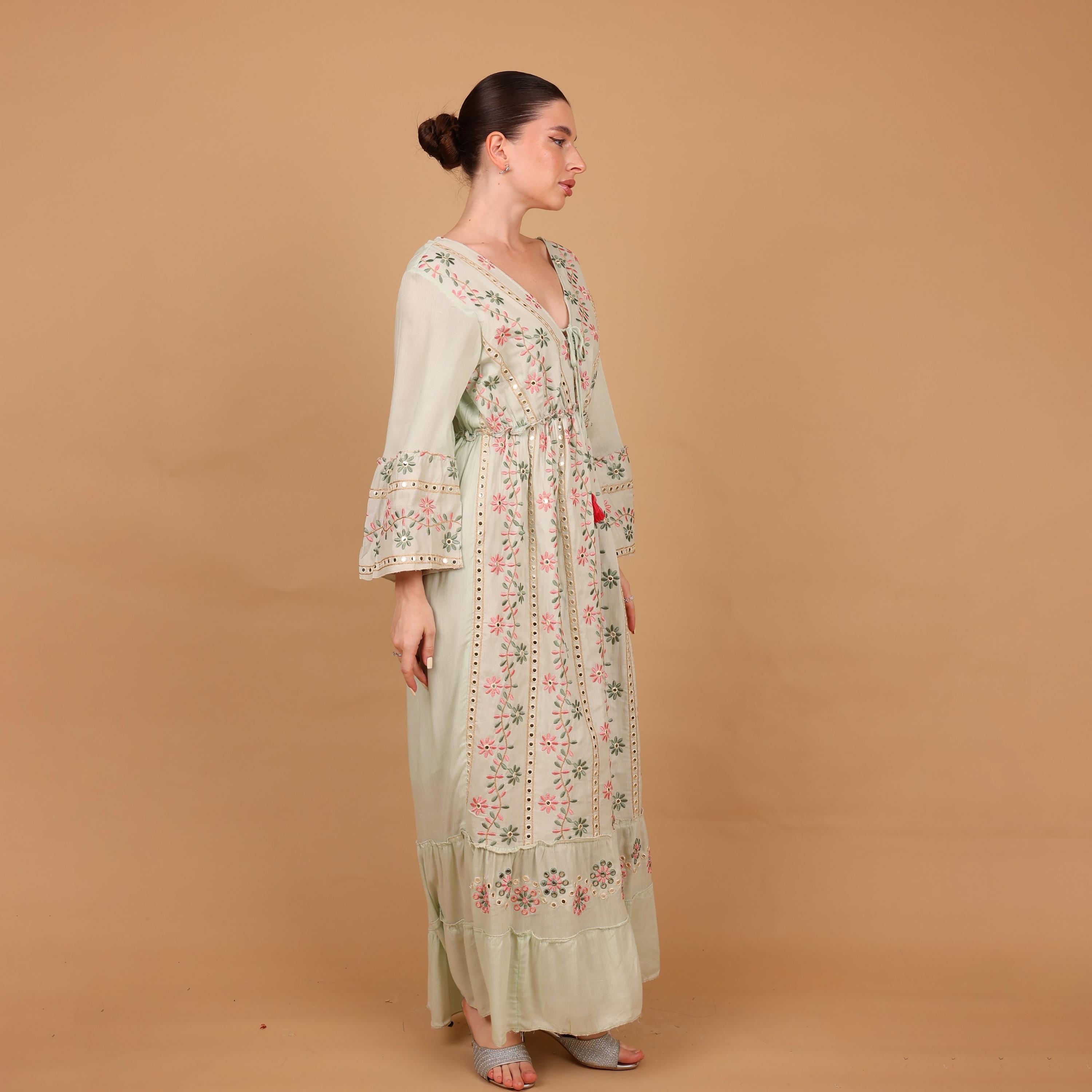 IKKXA Mirror Work Floral Embroidered Bell Sleeves Women's Evening Tiered Jalabiya-women-arabicclothing-jalabiyas-image-4