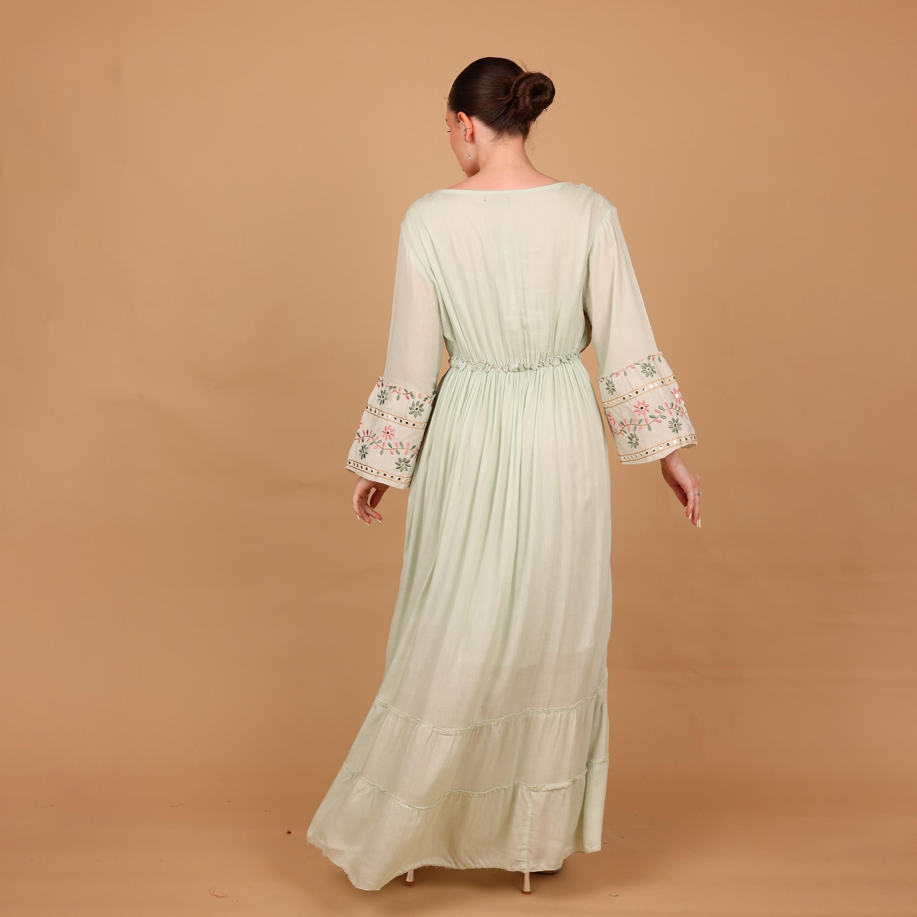 IKKXA Mirror Work Floral Embroidered Bell Sleeves Women's Evening Tiered Jalabiya-women-arabicclothing-jalabiyas-image-5
