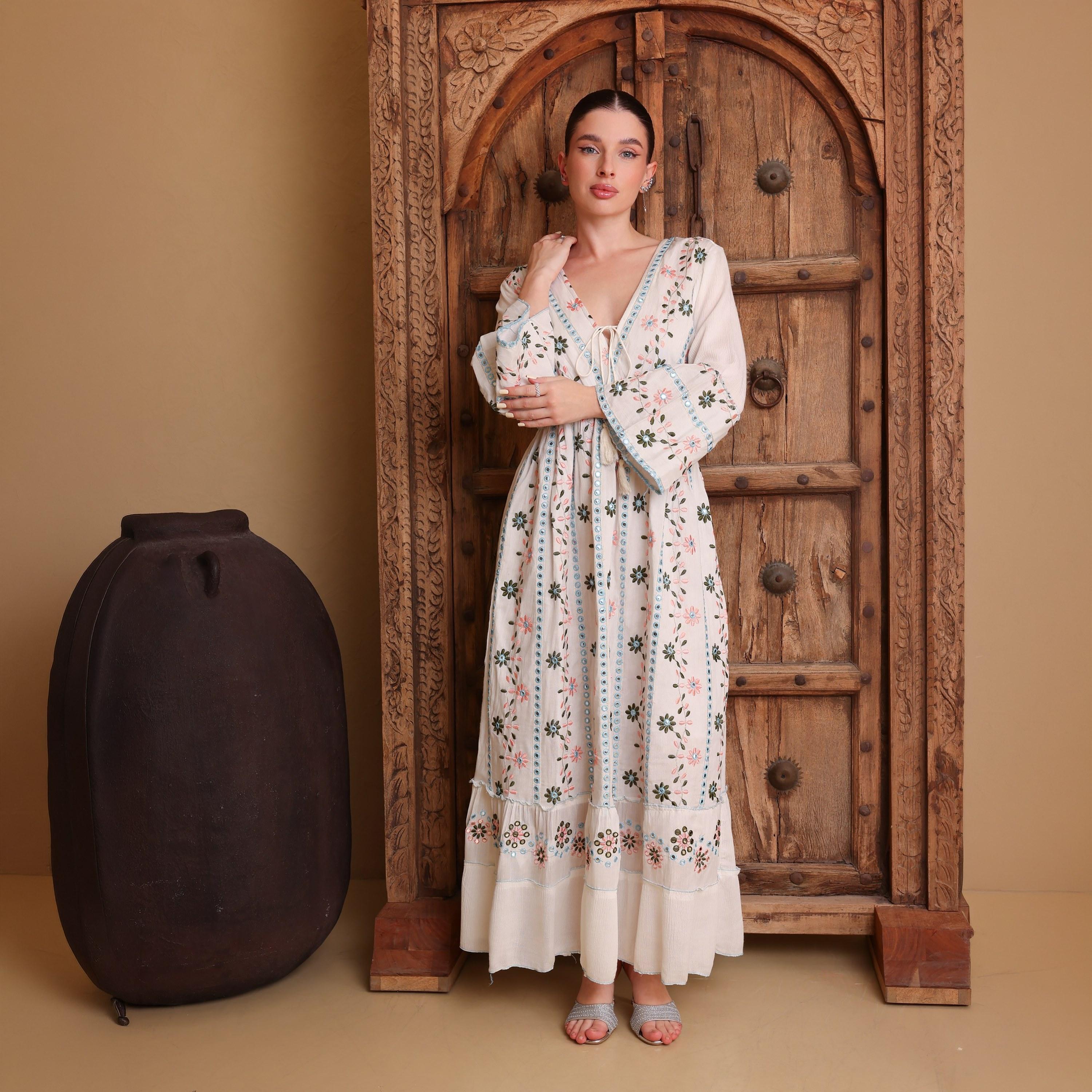 IKKXA Mirror Work Floral Embroidered Bell Sleeves Women's Evening Tiered Jalabiya-women-arabicclothing-jalabiyas-image-1