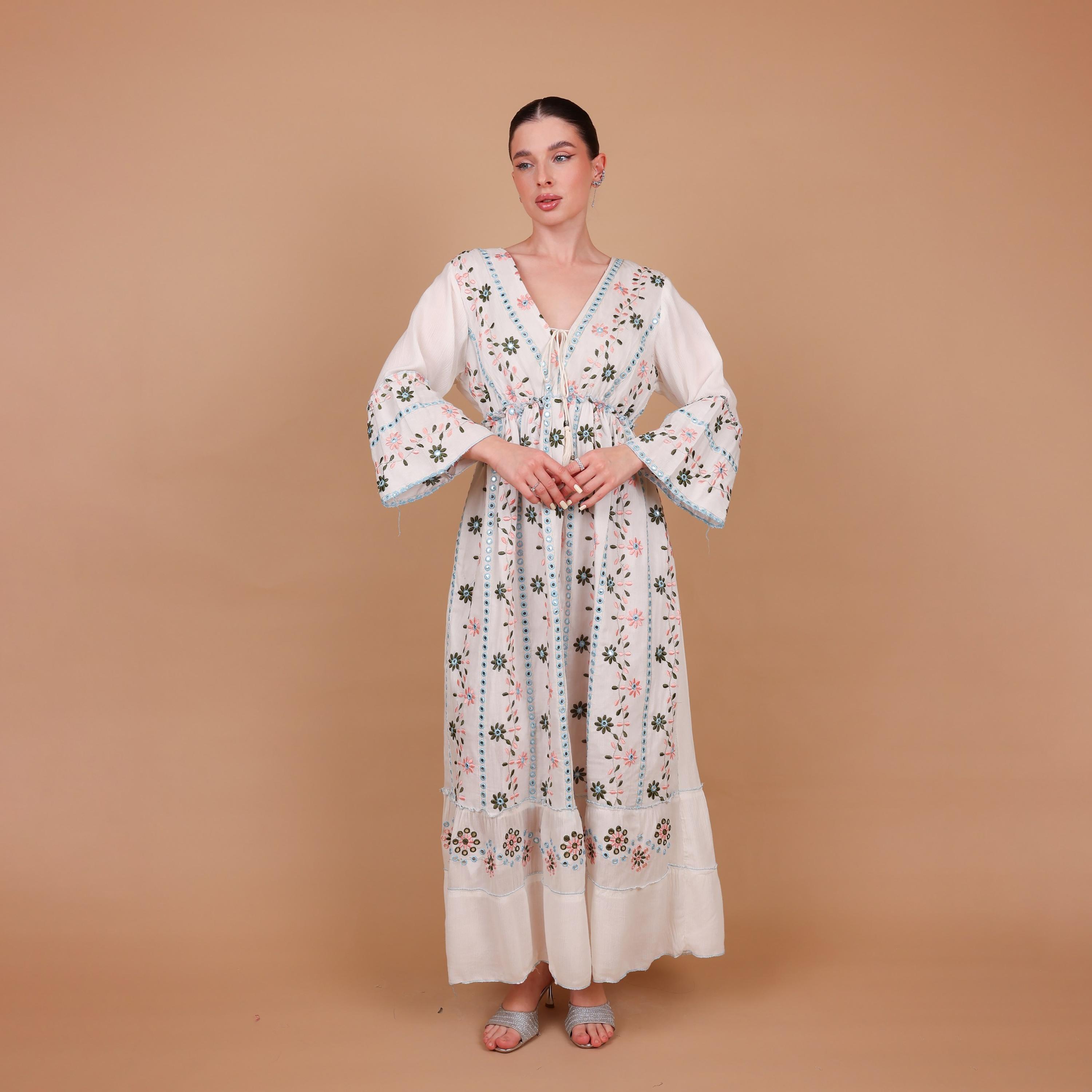 IKKXA Mirror Work Floral Embroidered Bell Sleeves Women's Evening Tiered Jalabiya-women-arabicclothing-jalabiyas-image-2