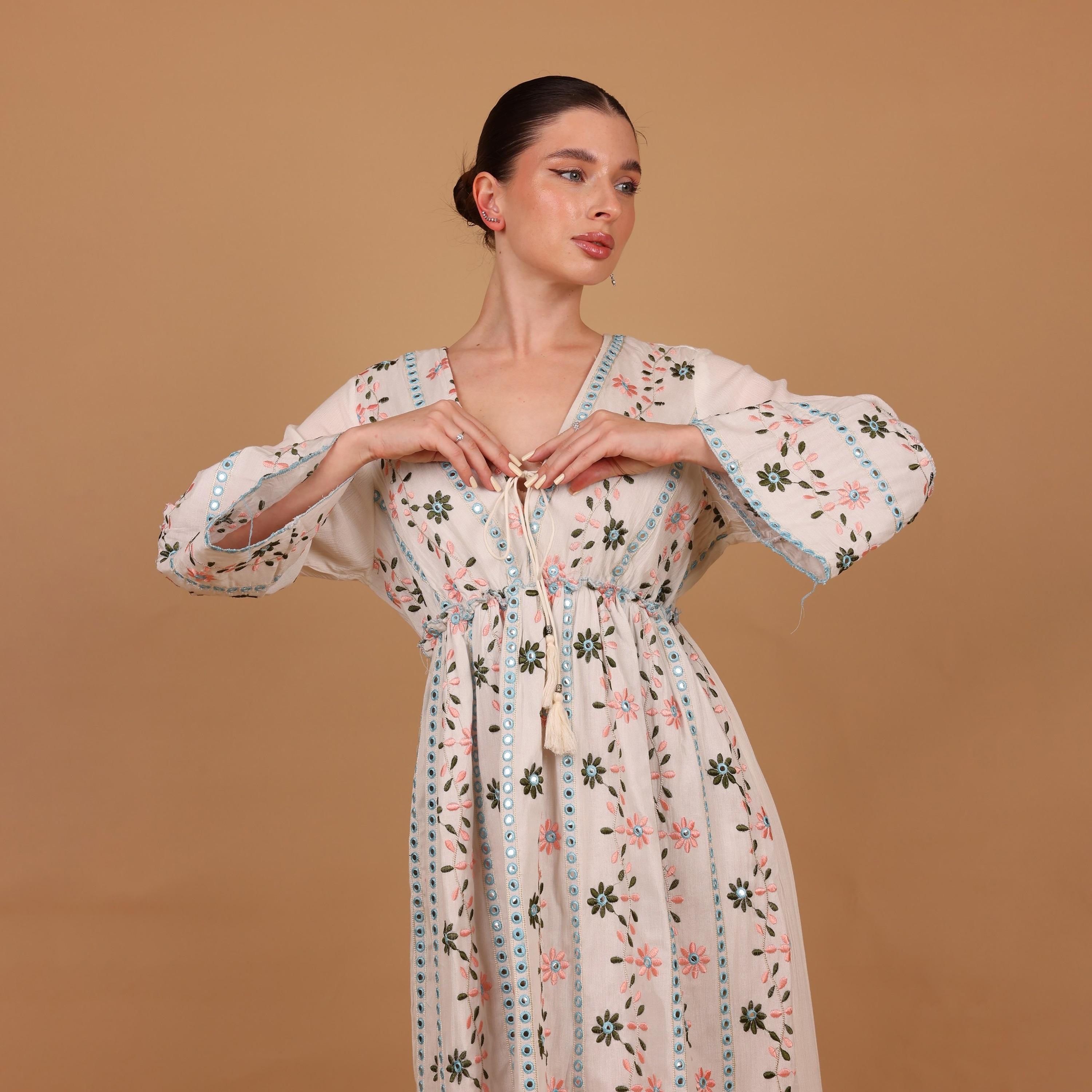 IKKXA Mirror Work Floral Embroidered Bell Sleeves Women's Evening Tiered Jalabiya-women-arabicclothing-jalabiyas-image-3