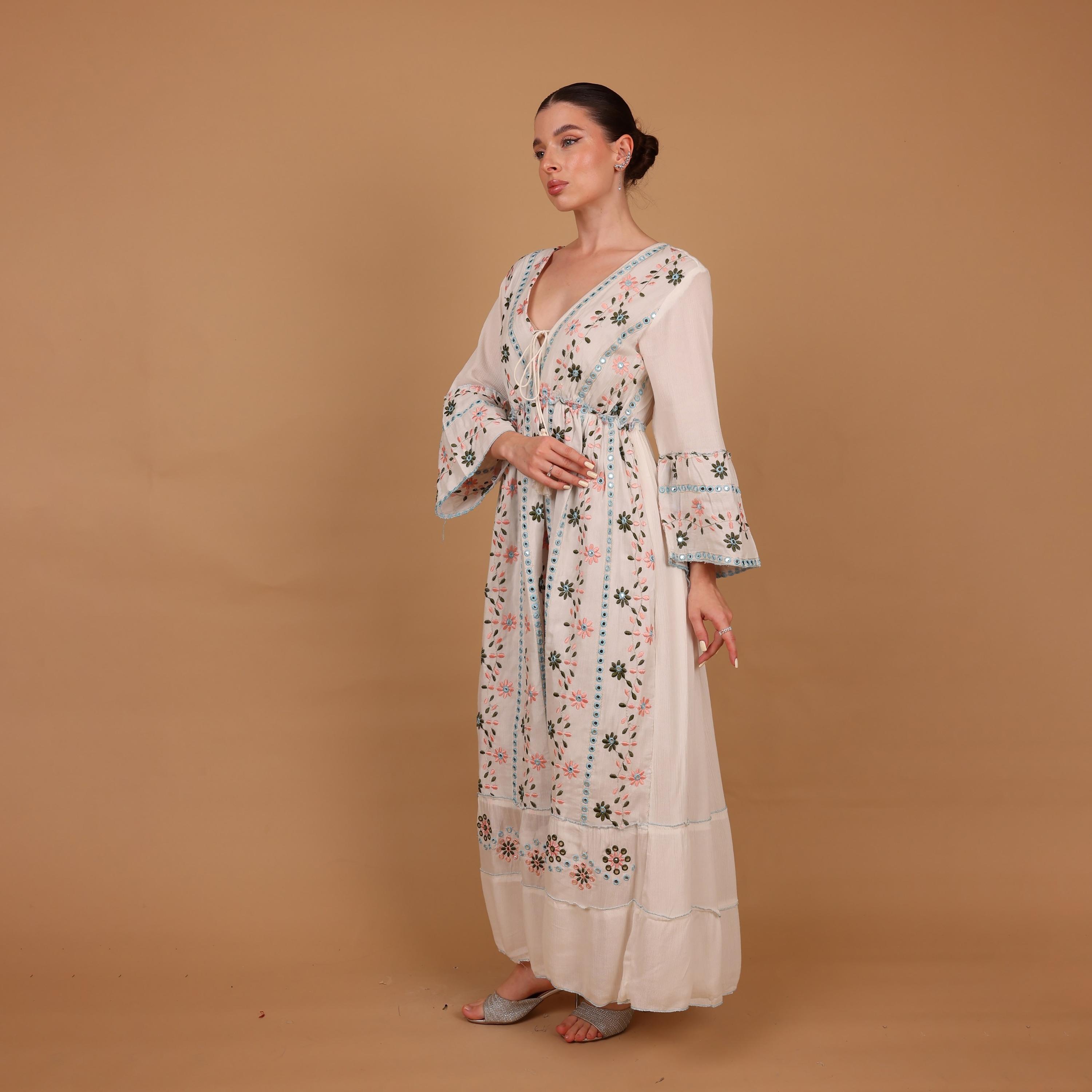 IKKXA Mirror Work Floral Embroidered Bell Sleeves Women's Evening Tiered Jalabiya-women-arabicclothing-jalabiyas-image-4