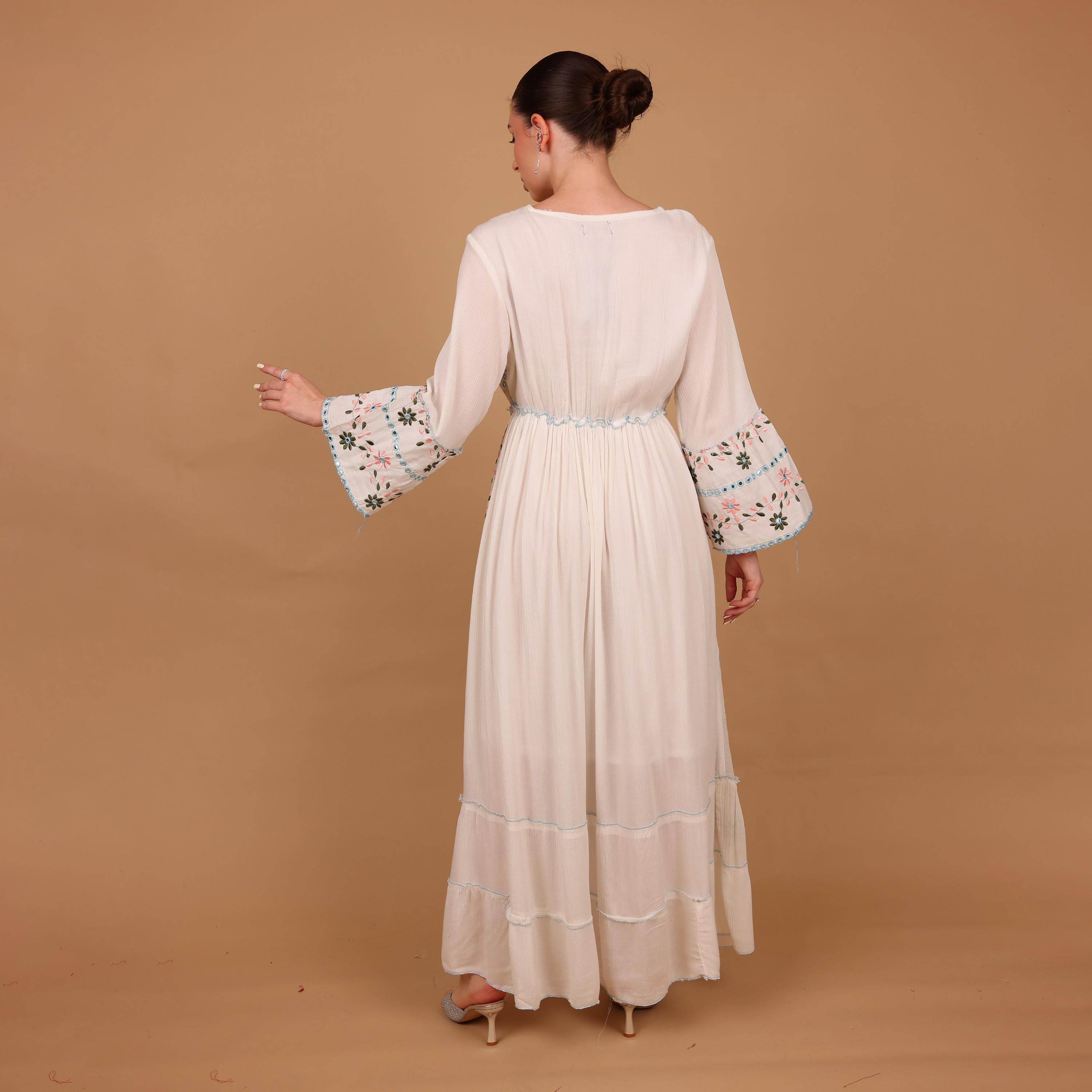 IKKXA Mirror Work Floral Embroidered Bell Sleeves Women's Evening Tiered Jalabiya-women-arabicclothing-jalabiyas-image-5