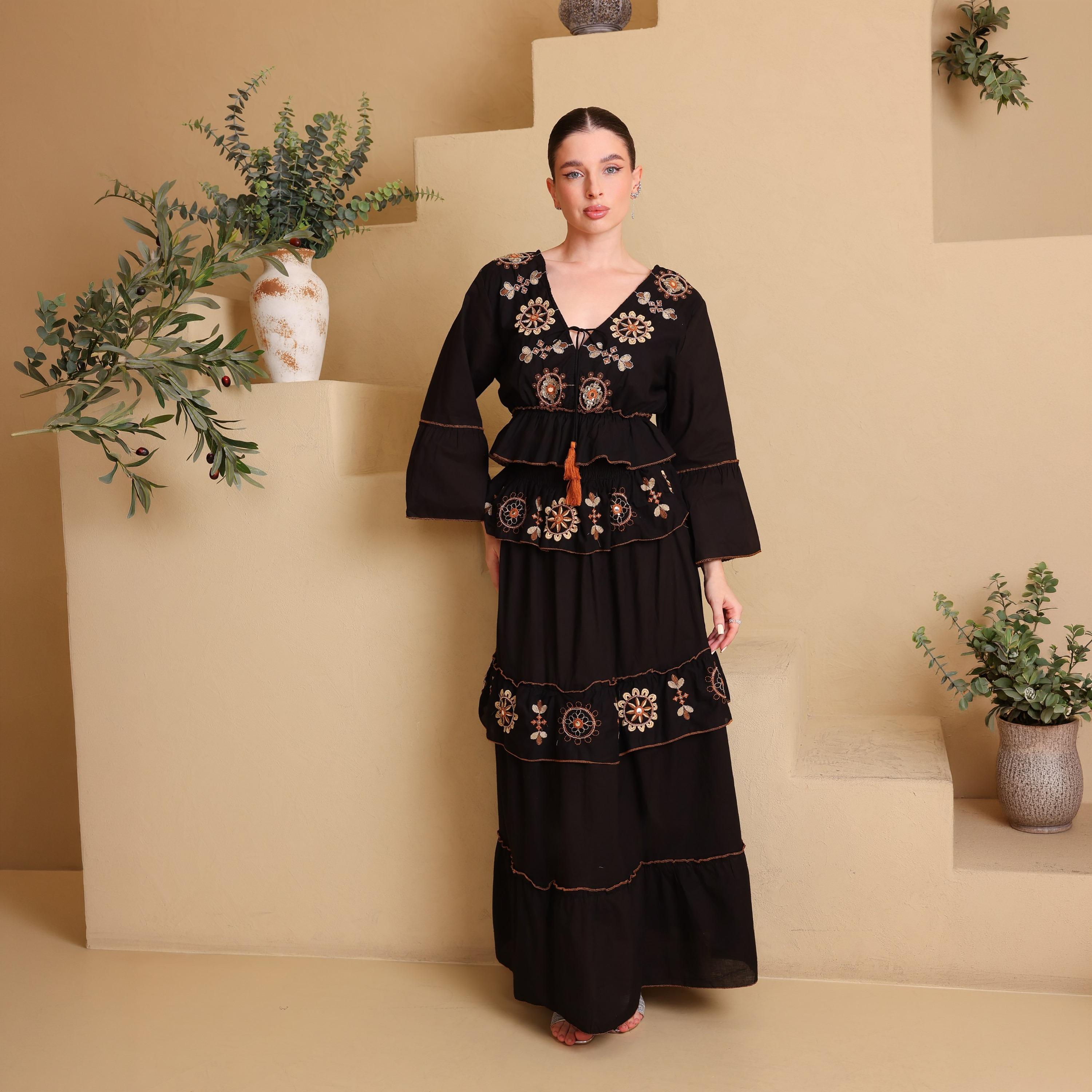 IKKXA Geometric Embroidered Bell Sleeves Women's Tiered Jalabiya-women-arabicclothing-jalabiyas-image-1