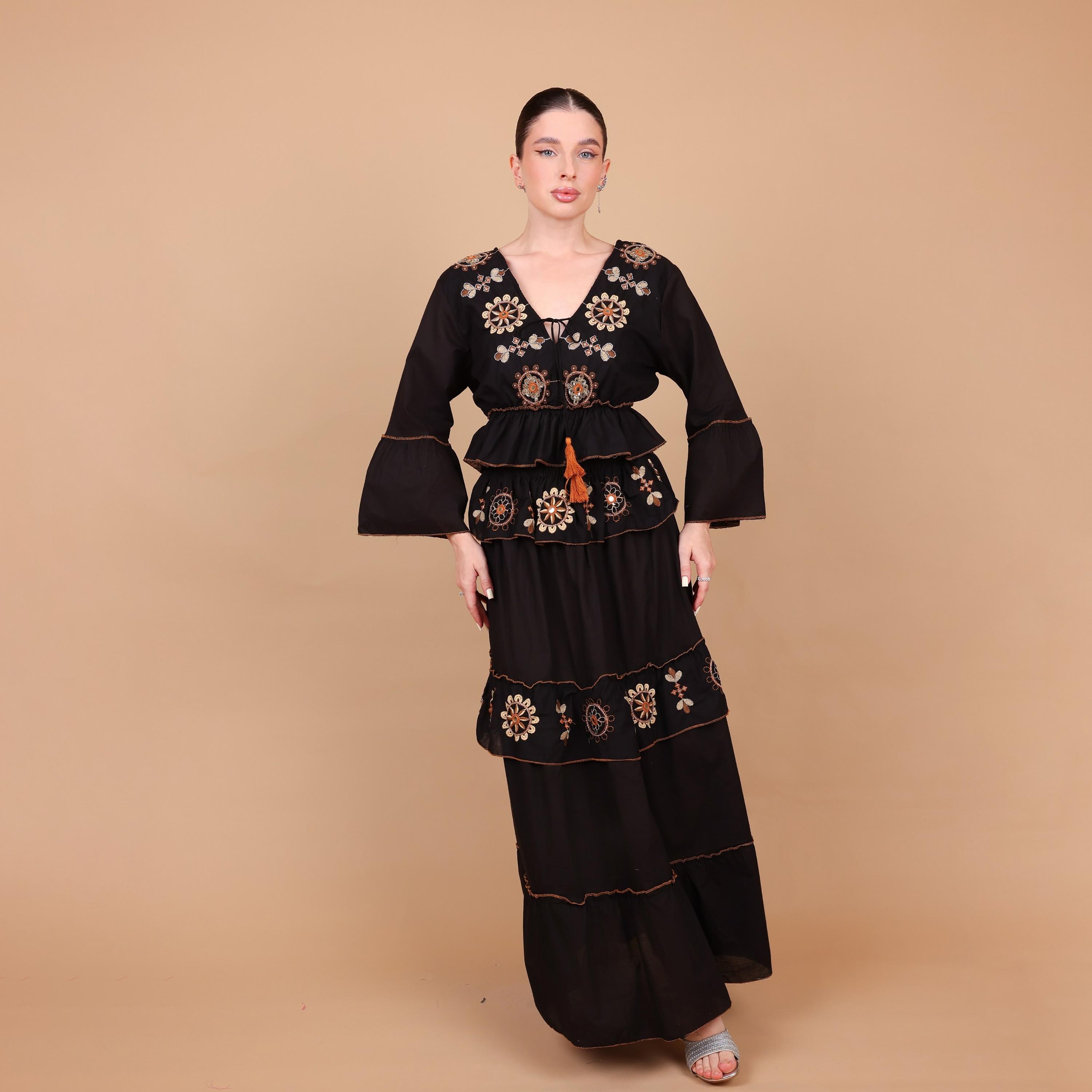 IKKXA Geometric Embroidered Bell Sleeves Women's Tiered Jalabiya-women-arabicclothing-jalabiyas-image-2