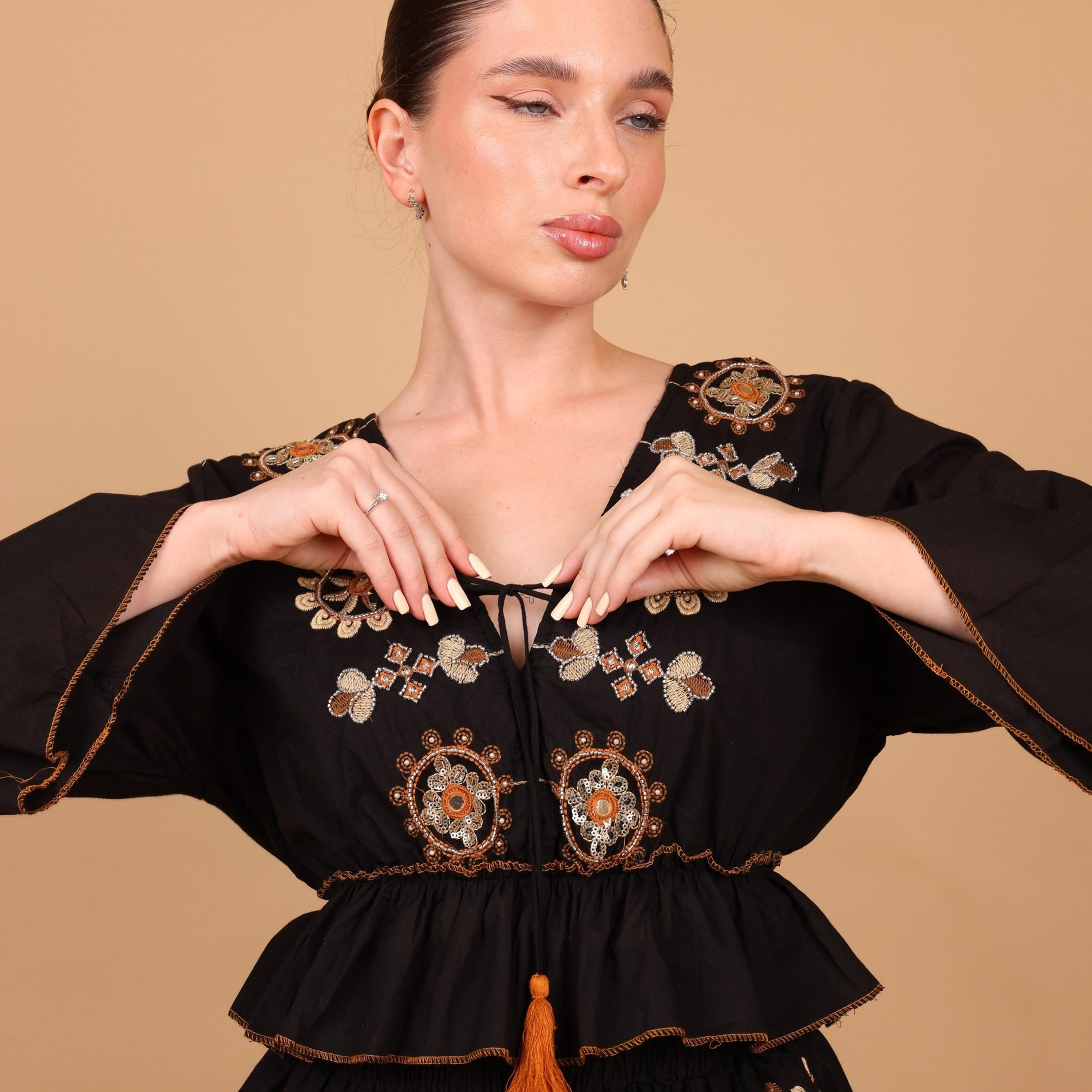 IKKXA Geometric Embroidered Bell Sleeves Women's Tiered Jalabiya-women-arabicclothing-jalabiyas-image-3