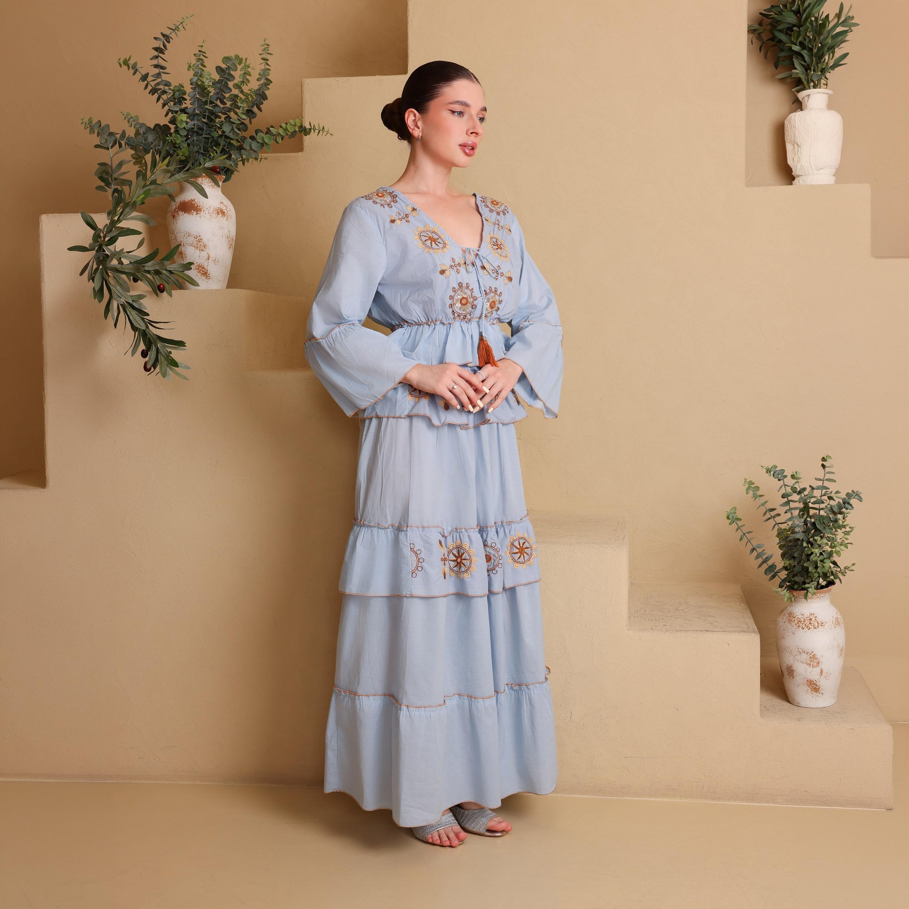 IKKXA Geometric Embroidered Bell Sleeves Women's Tiered Jalabiya-women-arabicclothing-jalabiyas-image-1