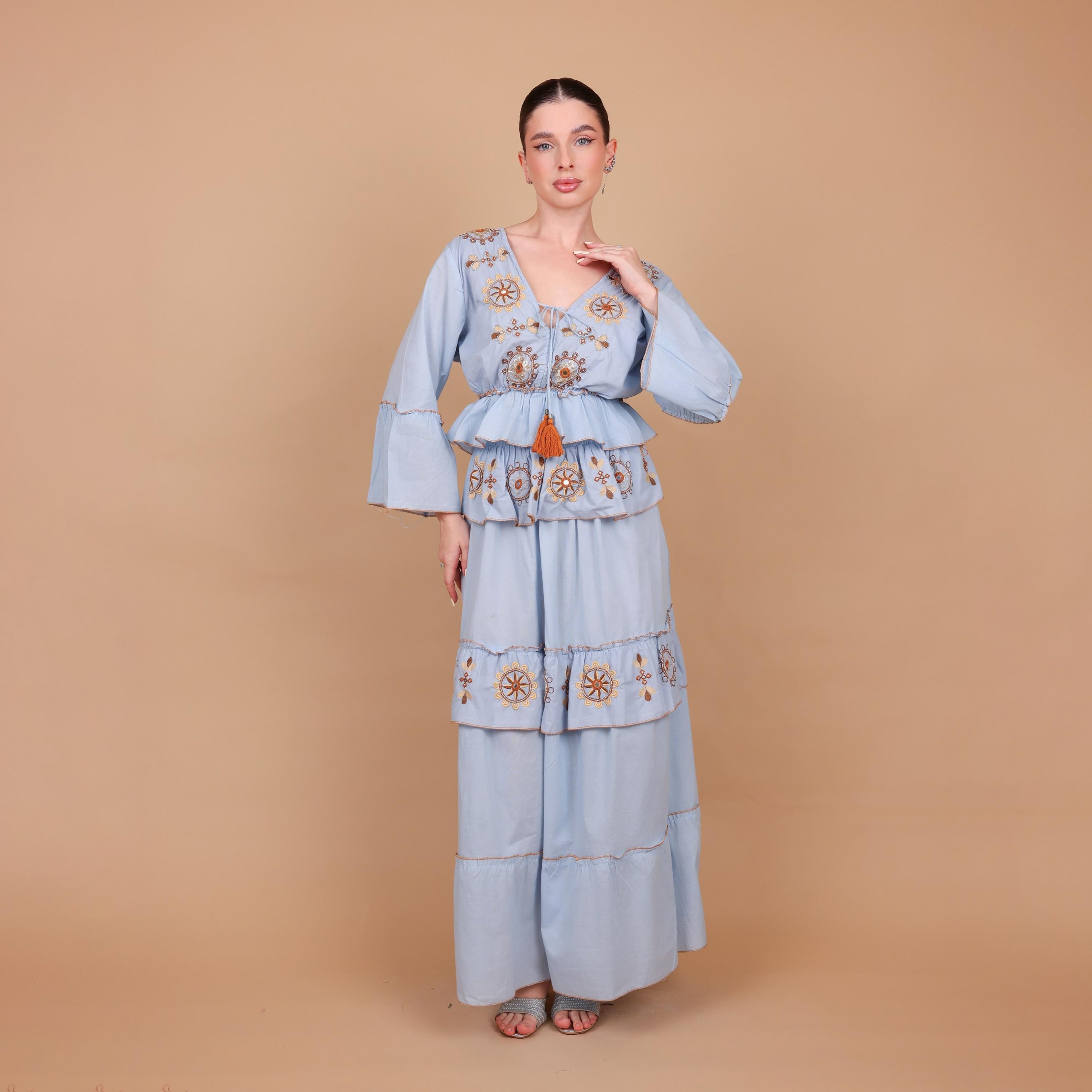 IKKXA Geometric Embroidered Bell Sleeves Women's Tiered Jalabiya-women-arabicclothing-jalabiyas-image-2