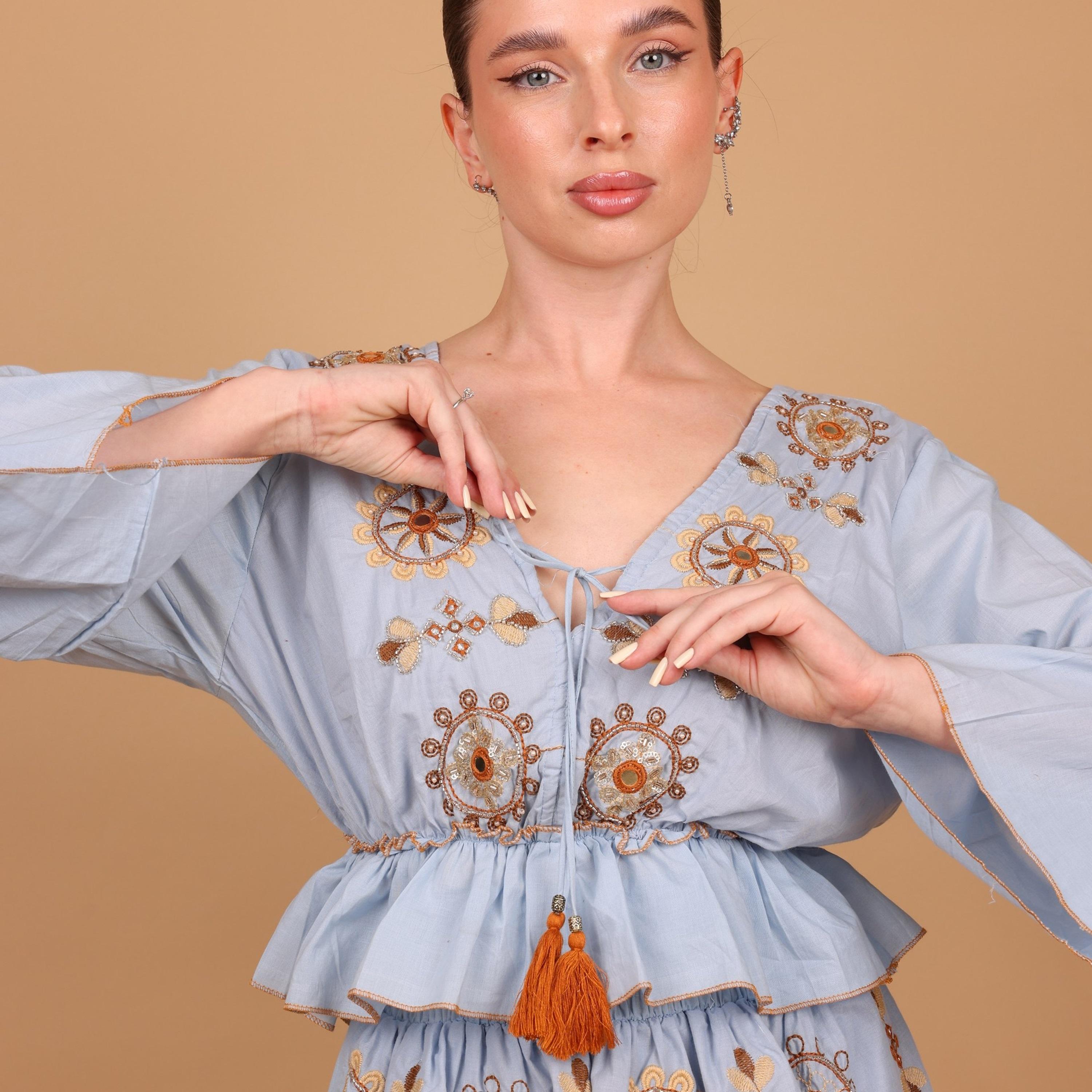 IKKXA Geometric Embroidered Bell Sleeves Women's Tiered Jalabiya-women-arabicclothing-jalabiyas-image-3