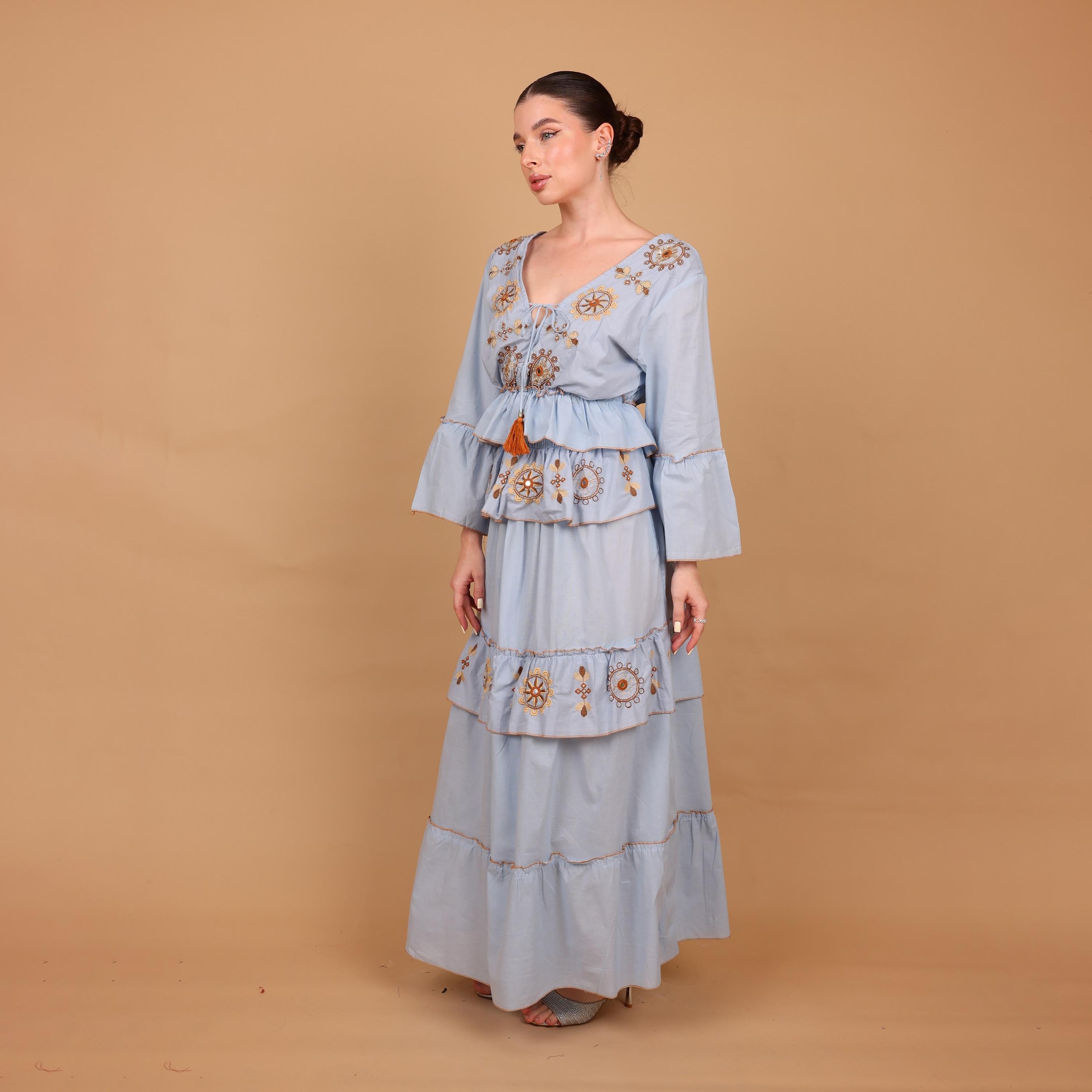IKKXA Geometric Embroidered Bell Sleeves Women's Tiered Jalabiya-women-arabicclothing-jalabiyas-image-4