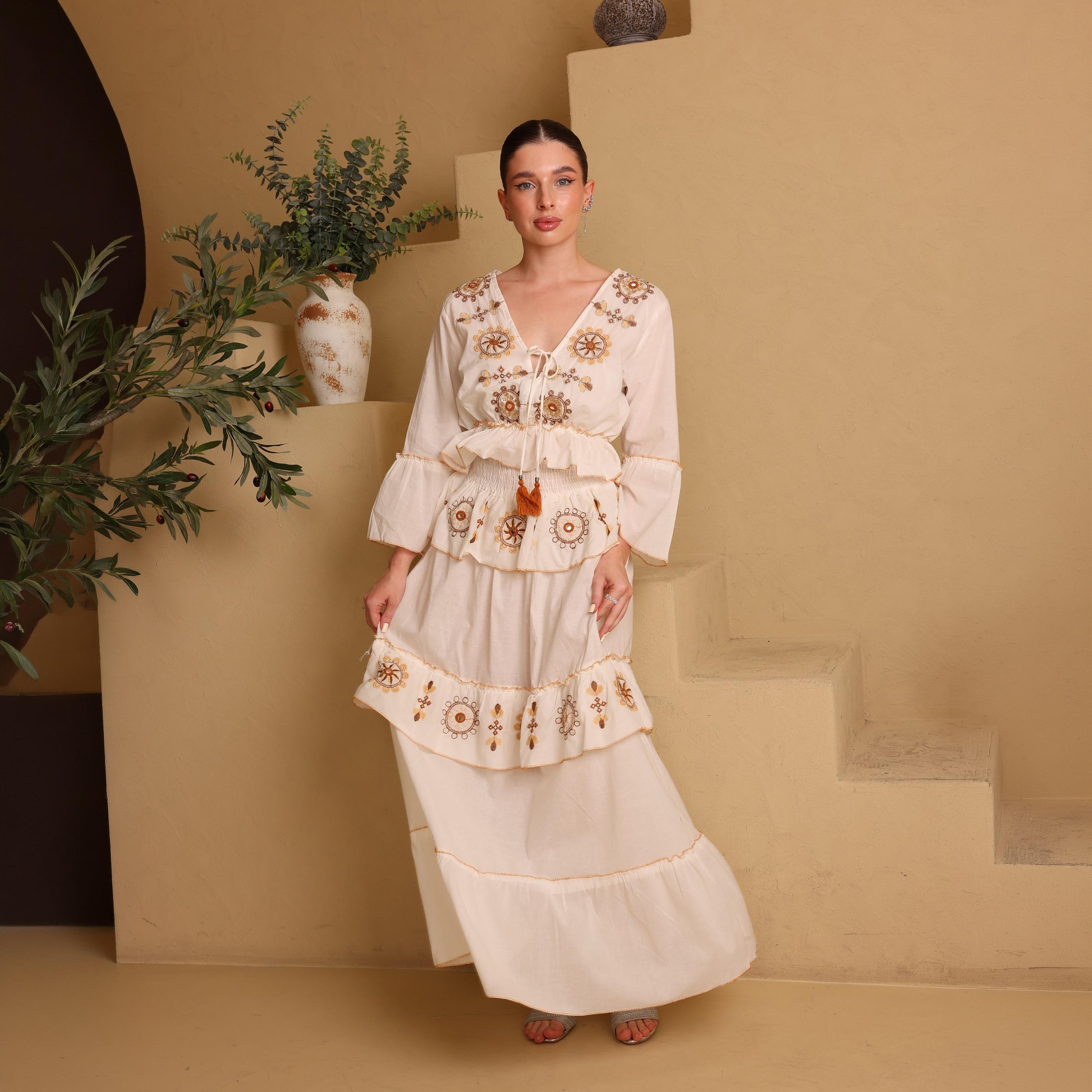 IKKXA Geometric Embroidered Bell Sleeves Women's Tiered Jalabiya-women-arabicclothing-jalabiyas-image-1