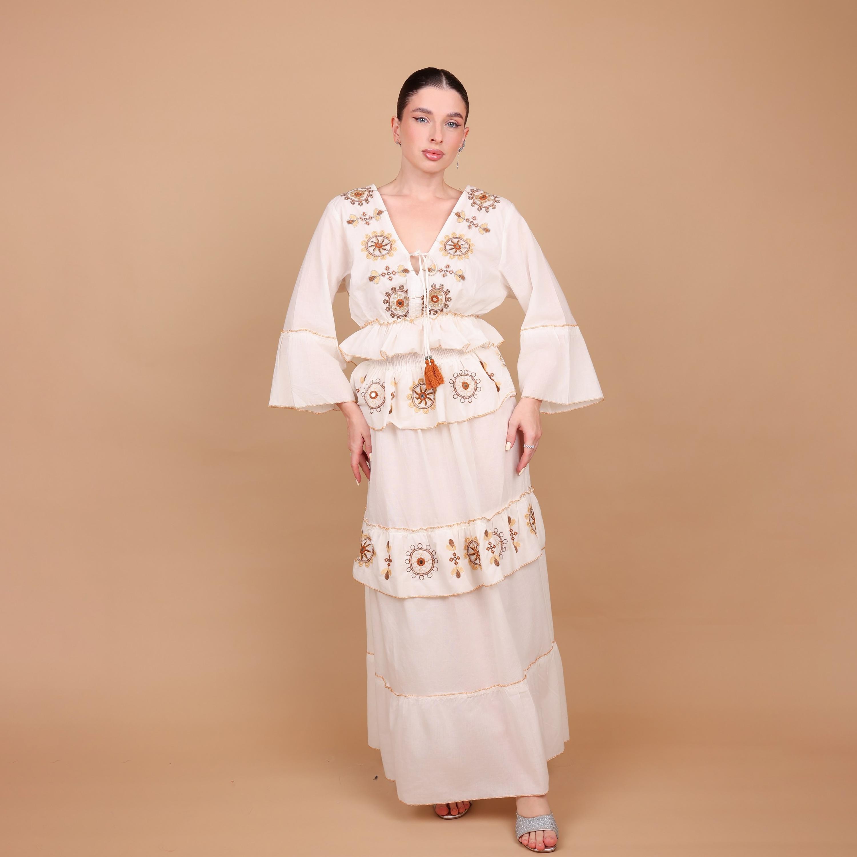 IKKXA Geometric Embroidered Bell Sleeves Women's Tiered Jalabiya-women-arabicclothing-jalabiyas-image-2