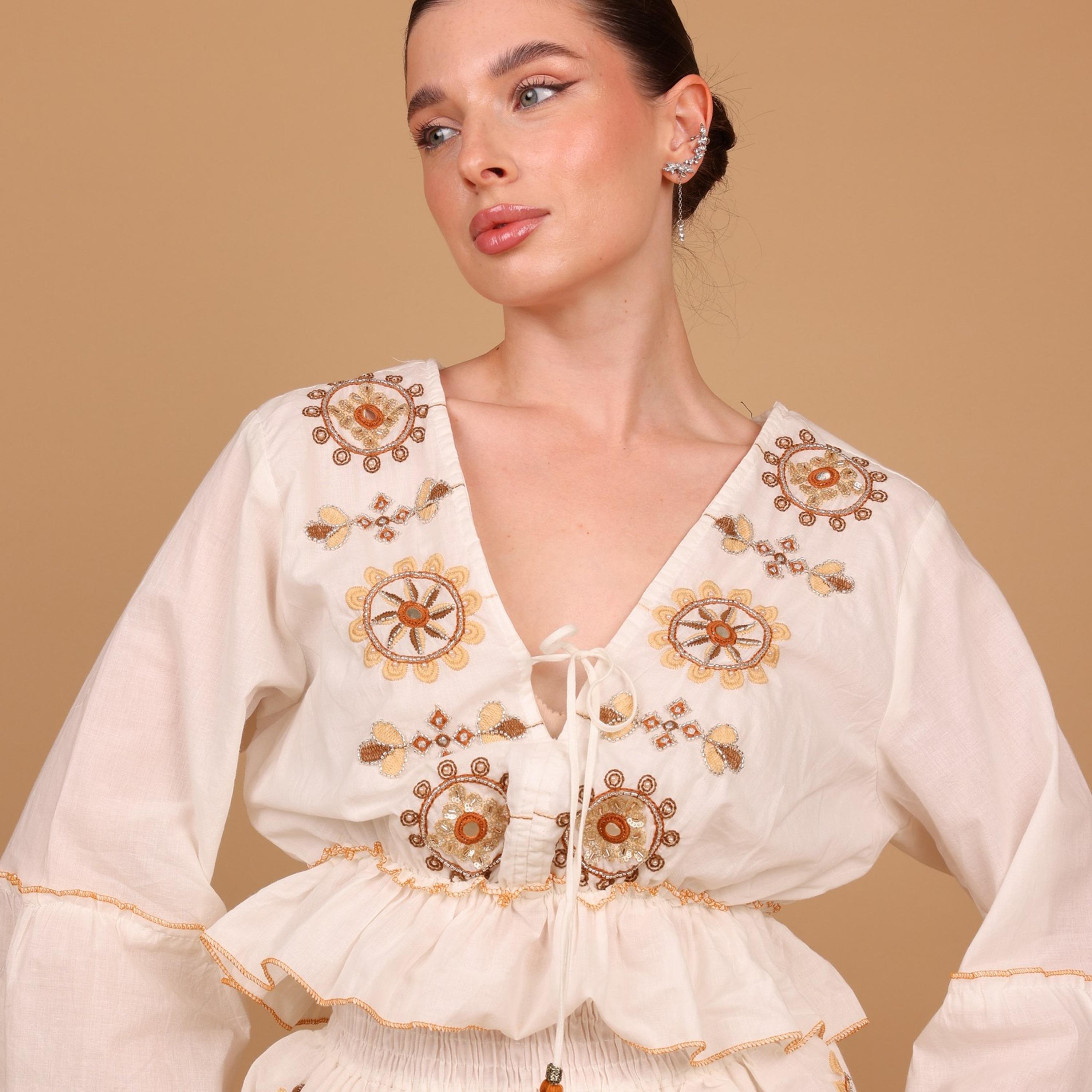 IKKXA Geometric Embroidered Bell Sleeves Women's Tiered Jalabiya-women-arabicclothing-jalabiyas-image-3