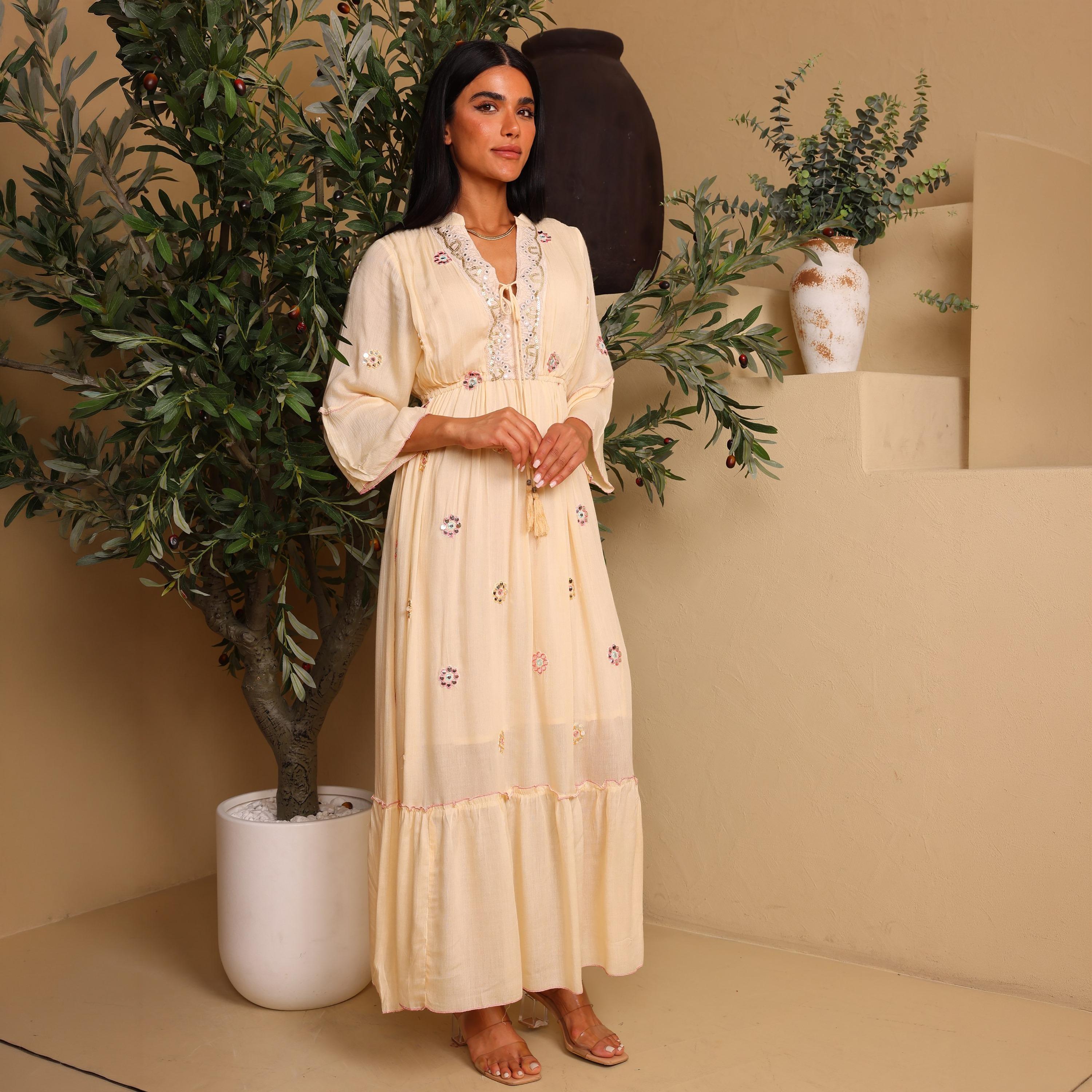 IKKXA Mirror Work Geometric Embroidered Mandarin Collar Bell Sleeves Women's Tiered Jalabiya-women-arabicclothing-jalabiyas-image-1