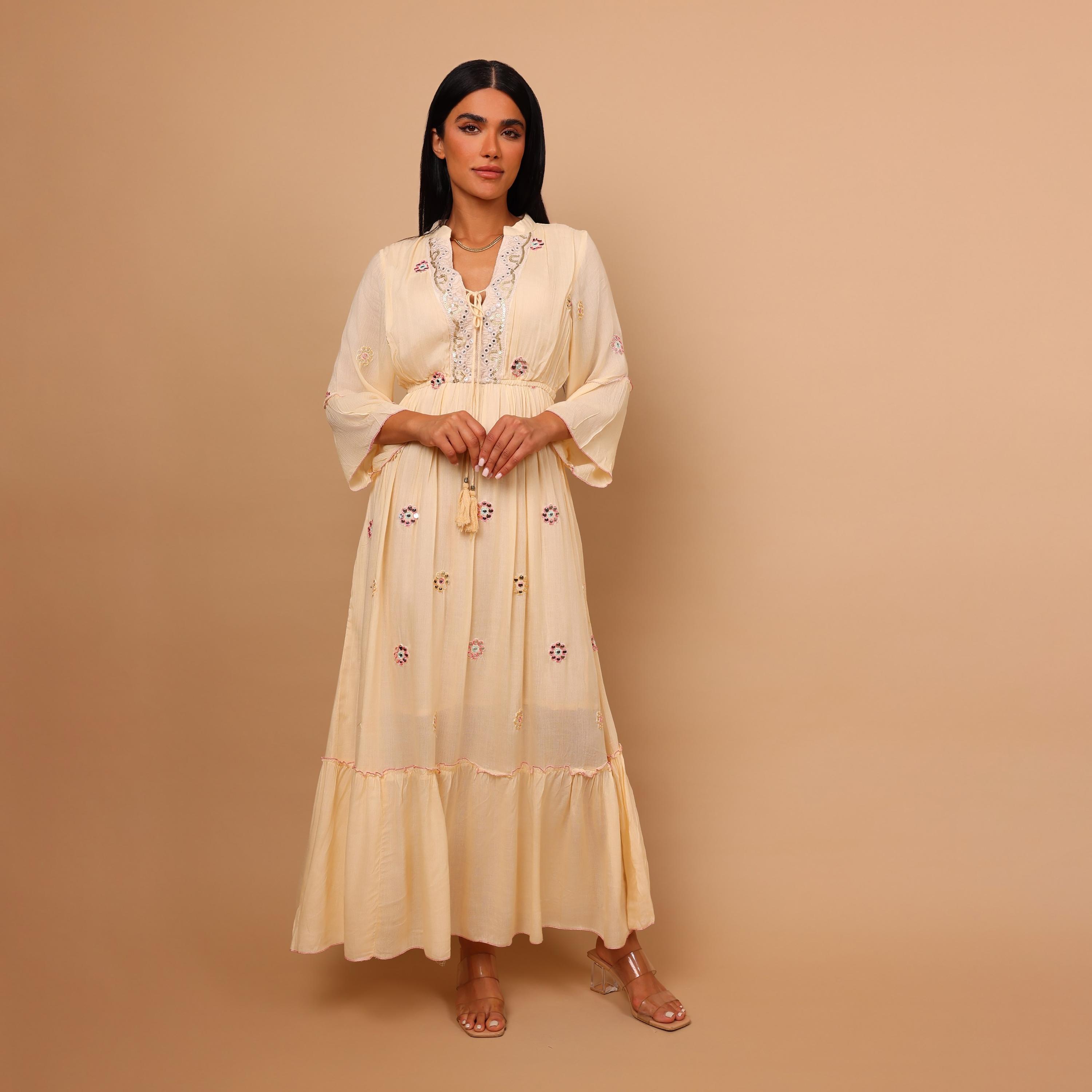 IKKXA Mirror Work Geometric Embroidered Mandarin Collar Bell Sleeves Women's Tiered Jalabiya-women-arabicclothing-jalabiyas-image-2