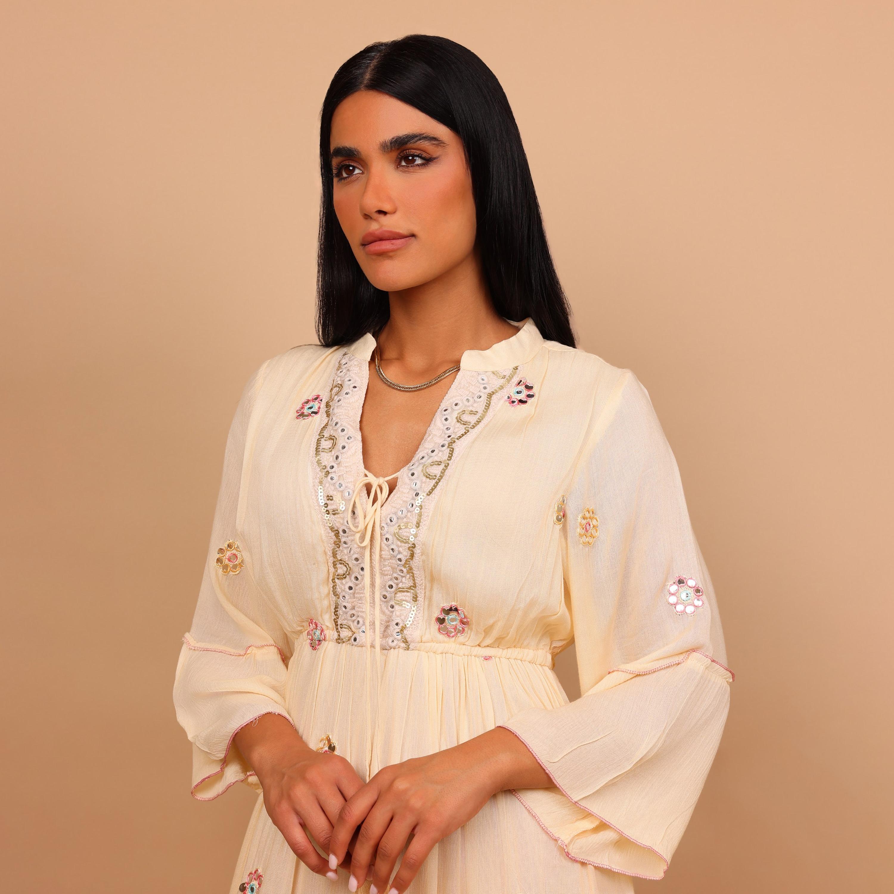 IKKXA Mirror Work Geometric Embroidered Mandarin Collar Bell Sleeves Women's Tiered Jalabiya-women-arabicclothing-jalabiyas-image-3