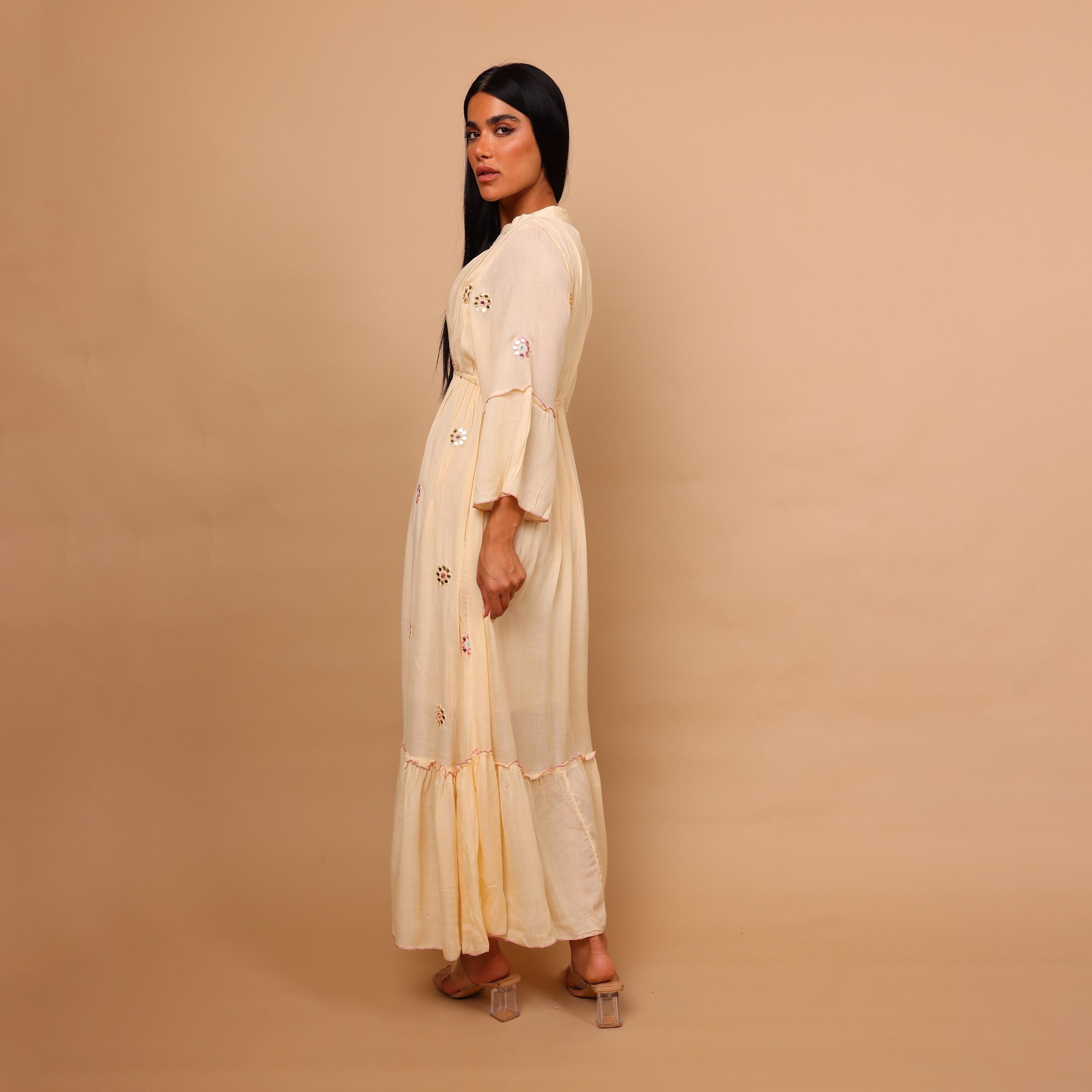 IKKXA Mirror Work Geometric Embroidered Mandarin Collar Bell Sleeves Women's Tiered Jalabiya-women-arabicclothing-jalabiyas-image-4