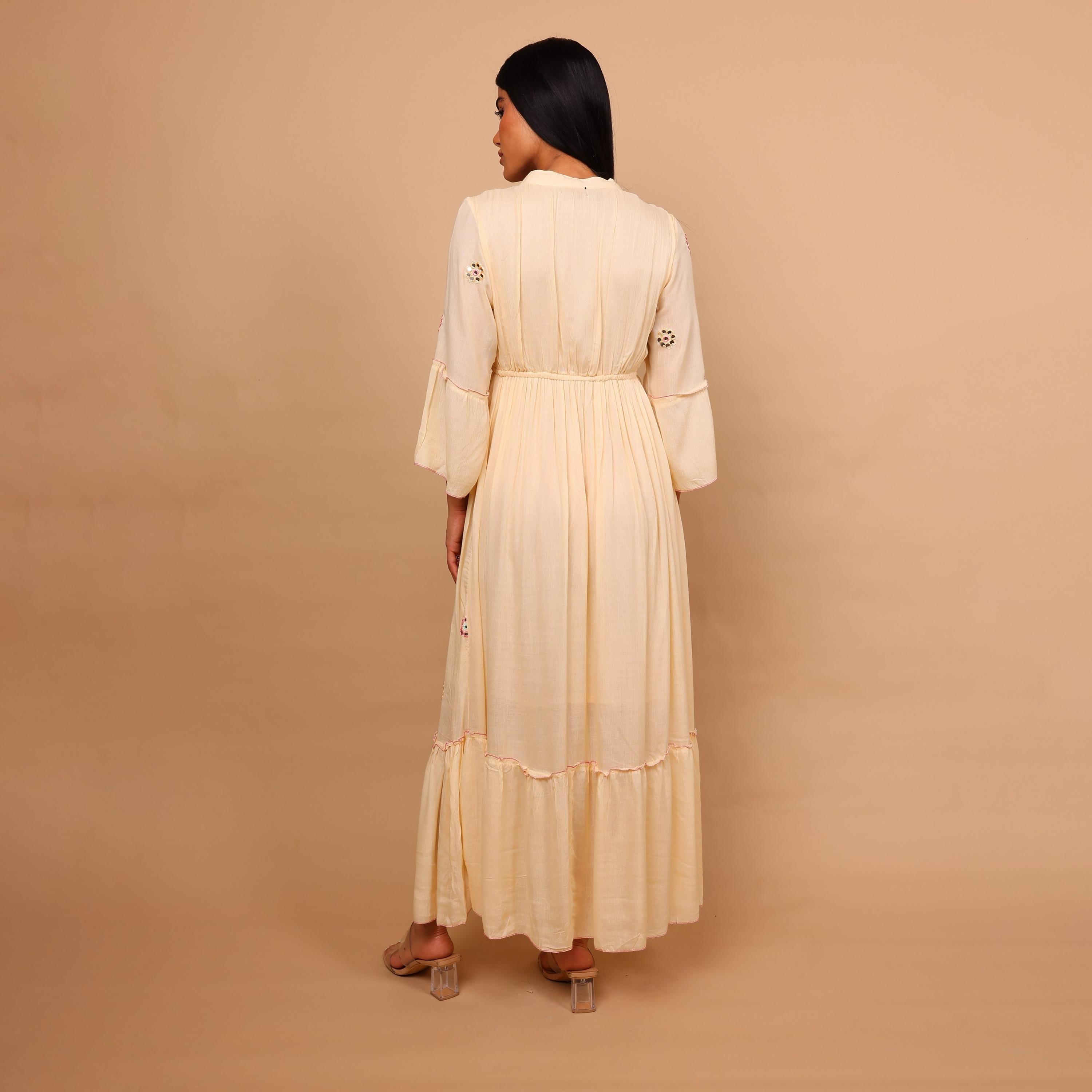 IKKXA Mirror Work Geometric Embroidered Mandarin Collar Bell Sleeves Women's Tiered Jalabiya-women-arabicclothing-jalabiyas-image-5