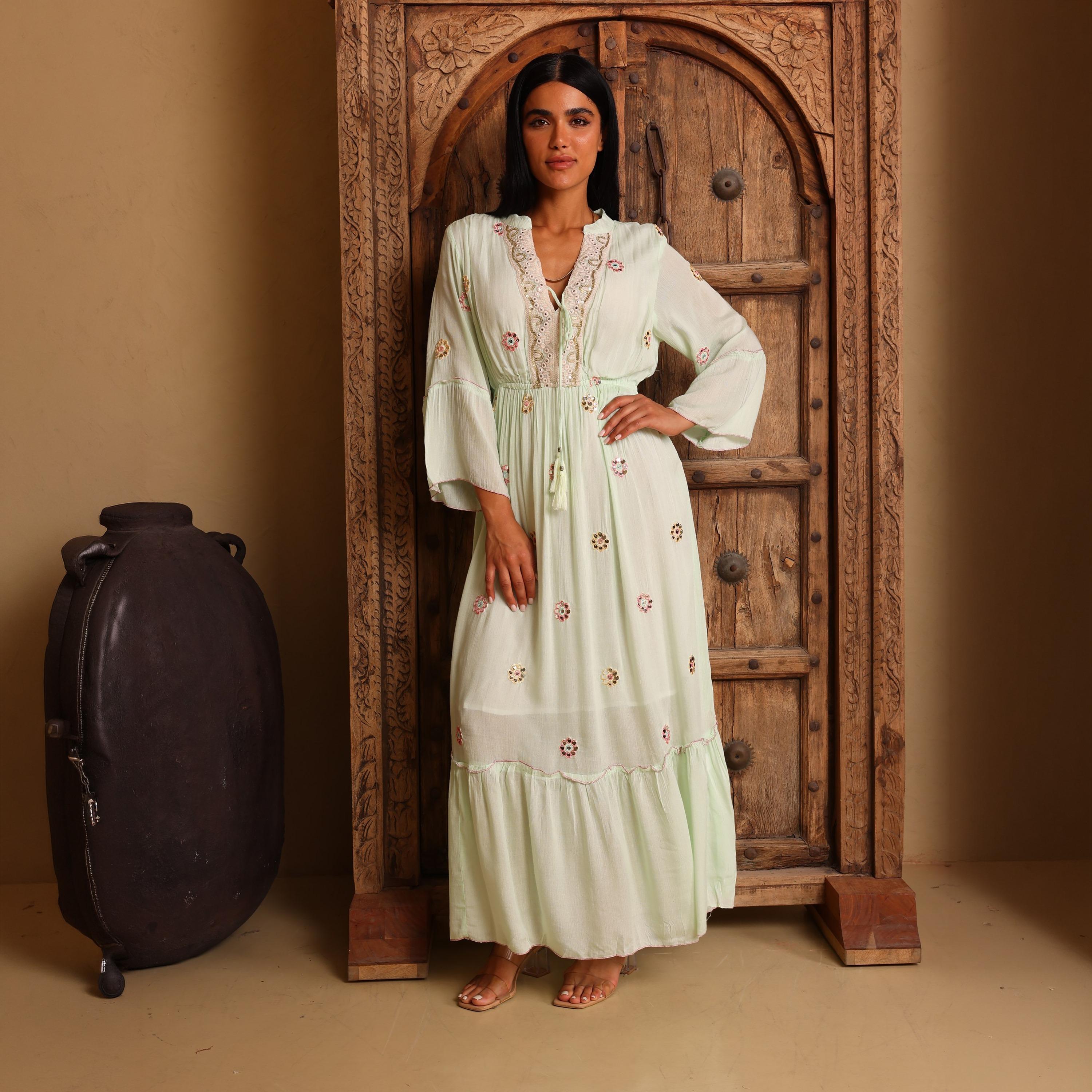 IKKXA Mirror Work Geometric Embroidered Mandarin Collar Bell Sleeves Women's Tiered Jalabiya-women-arabicclothing-jalabiyas-image-1