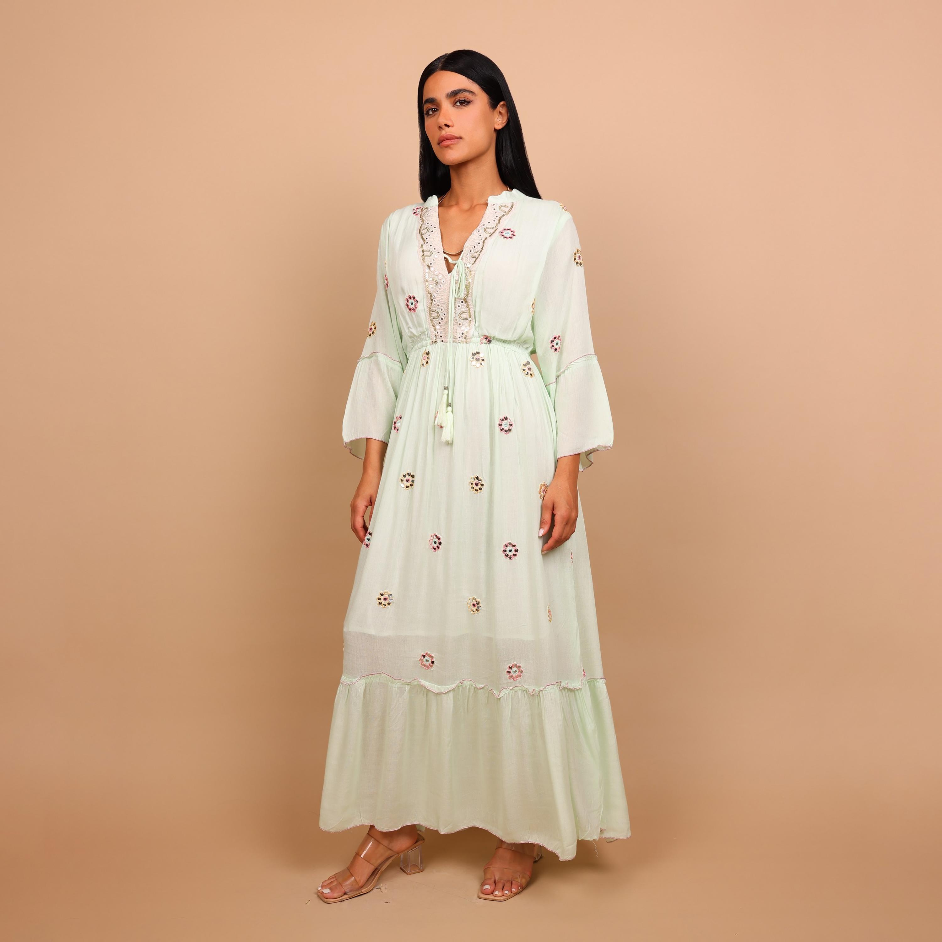 IKKXA Mirror Work Geometric Embroidered Mandarin Collar Bell Sleeves Women's Tiered Jalabiya-women-arabicclothing-jalabiyas-image-2