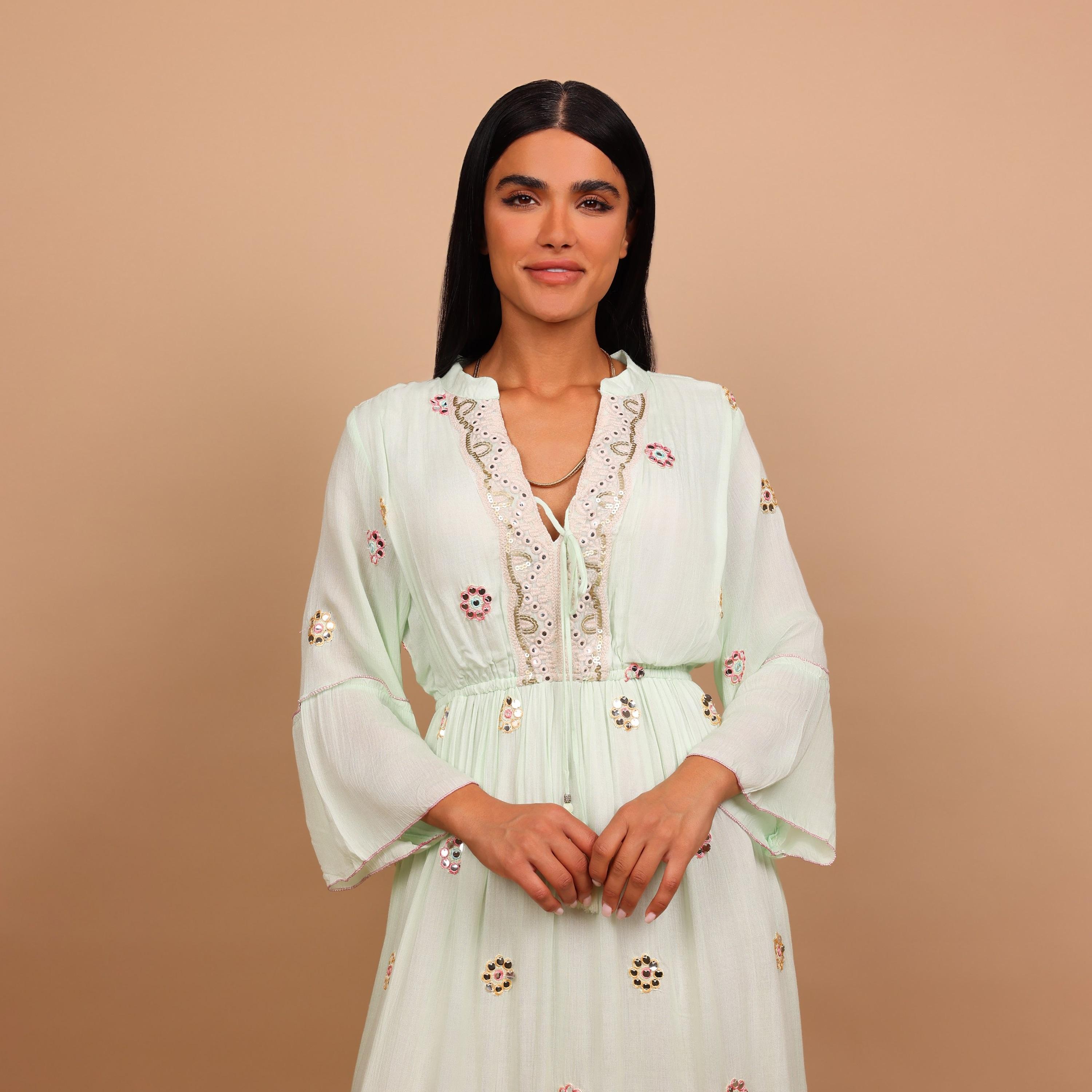 IKKXA Mirror Work Geometric Embroidered Mandarin Collar Bell Sleeves Women's Tiered Jalabiya-women-arabicclothing-jalabiyas-image-3