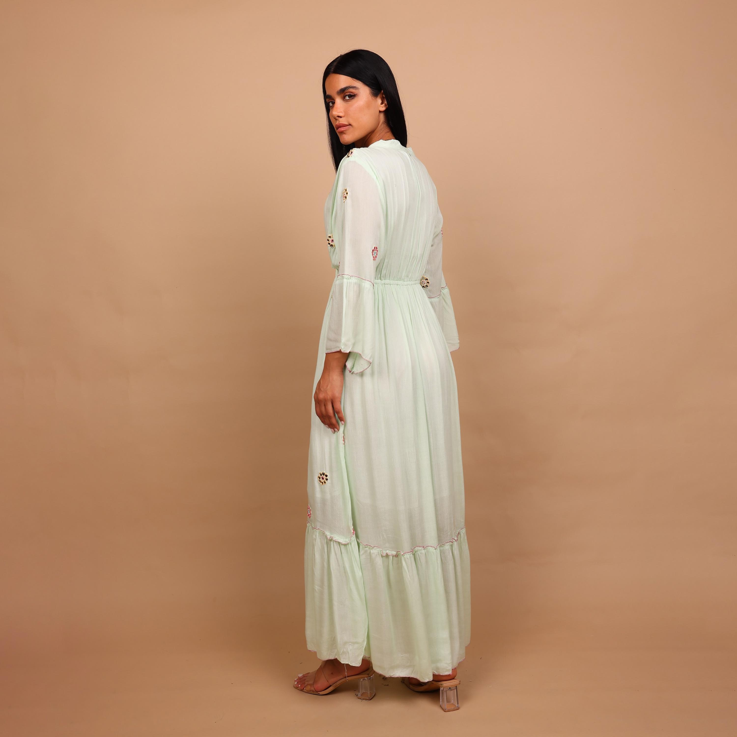 IKKXA Mirror Work Geometric Embroidered Mandarin Collar Bell Sleeves Women's Tiered Jalabiya-women-arabicclothing-jalabiyas-image-4