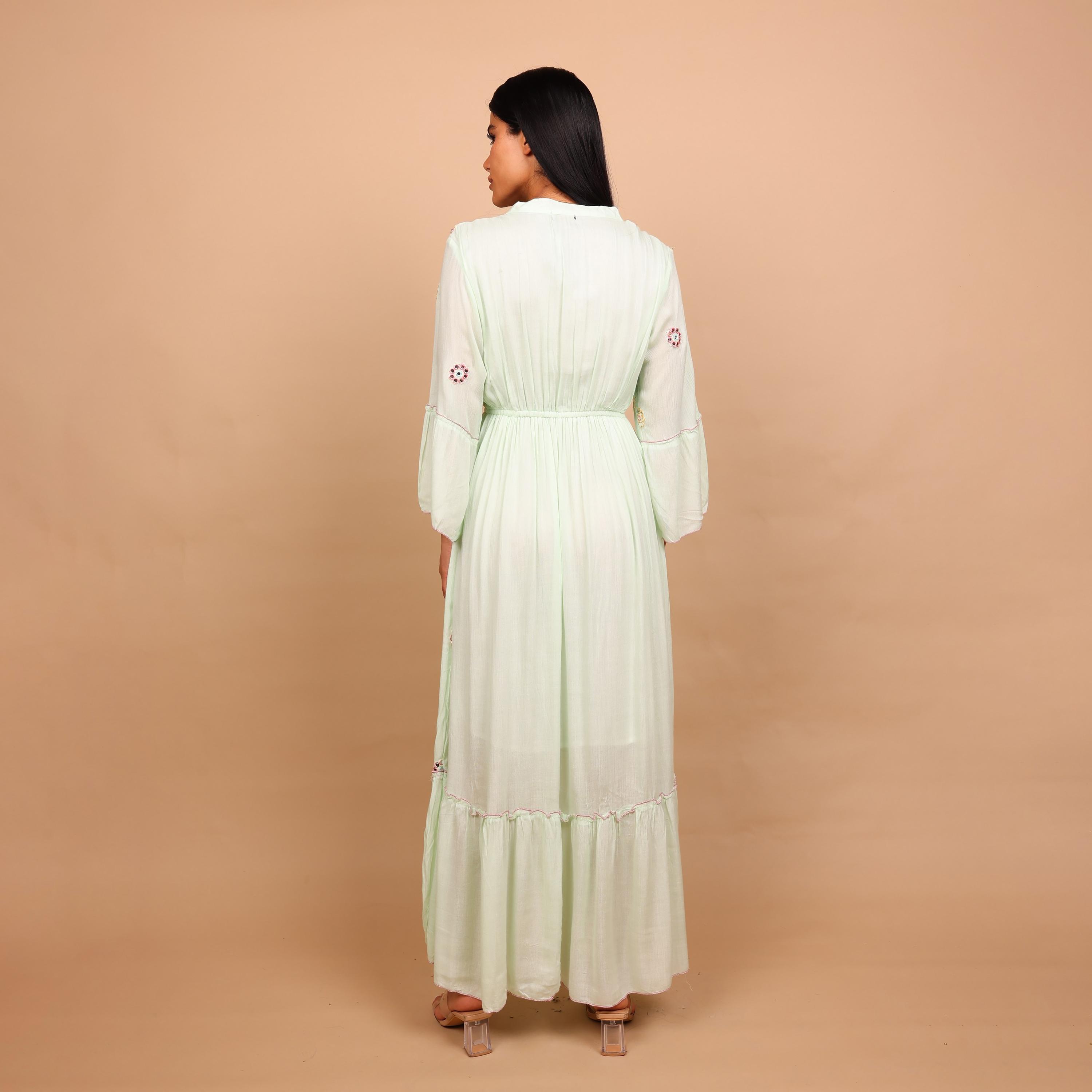 IKKXA Mirror Work Geometric Embroidered Mandarin Collar Bell Sleeves Women's Tiered Jalabiya-women-arabicclothing-jalabiyas-image-5