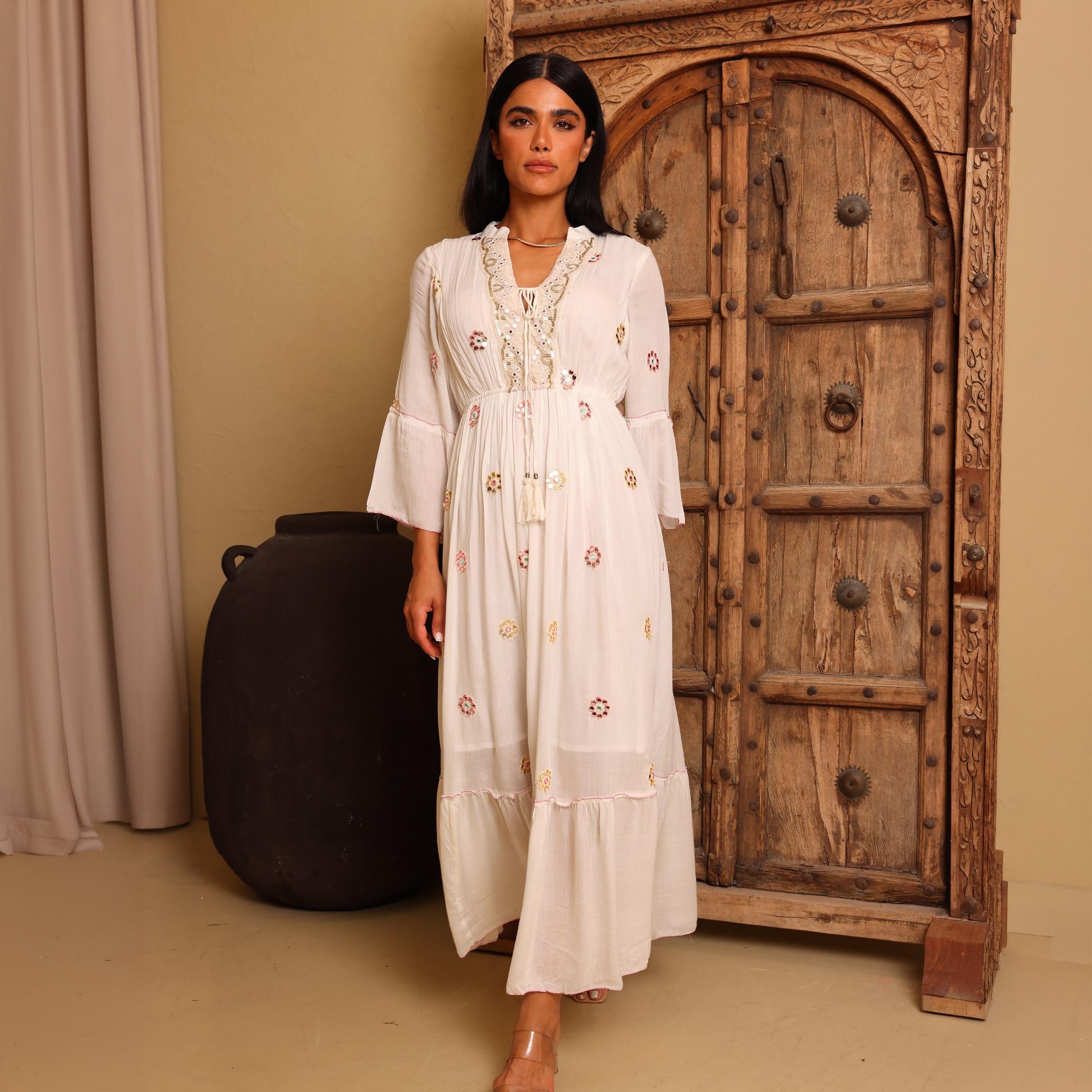 IKKXA Mirror Work Geometric Embroidered Mandarin Collar Bell Sleeves Women's Tiered Jalabiya-women-arabicclothing-jalabiyas-image-1