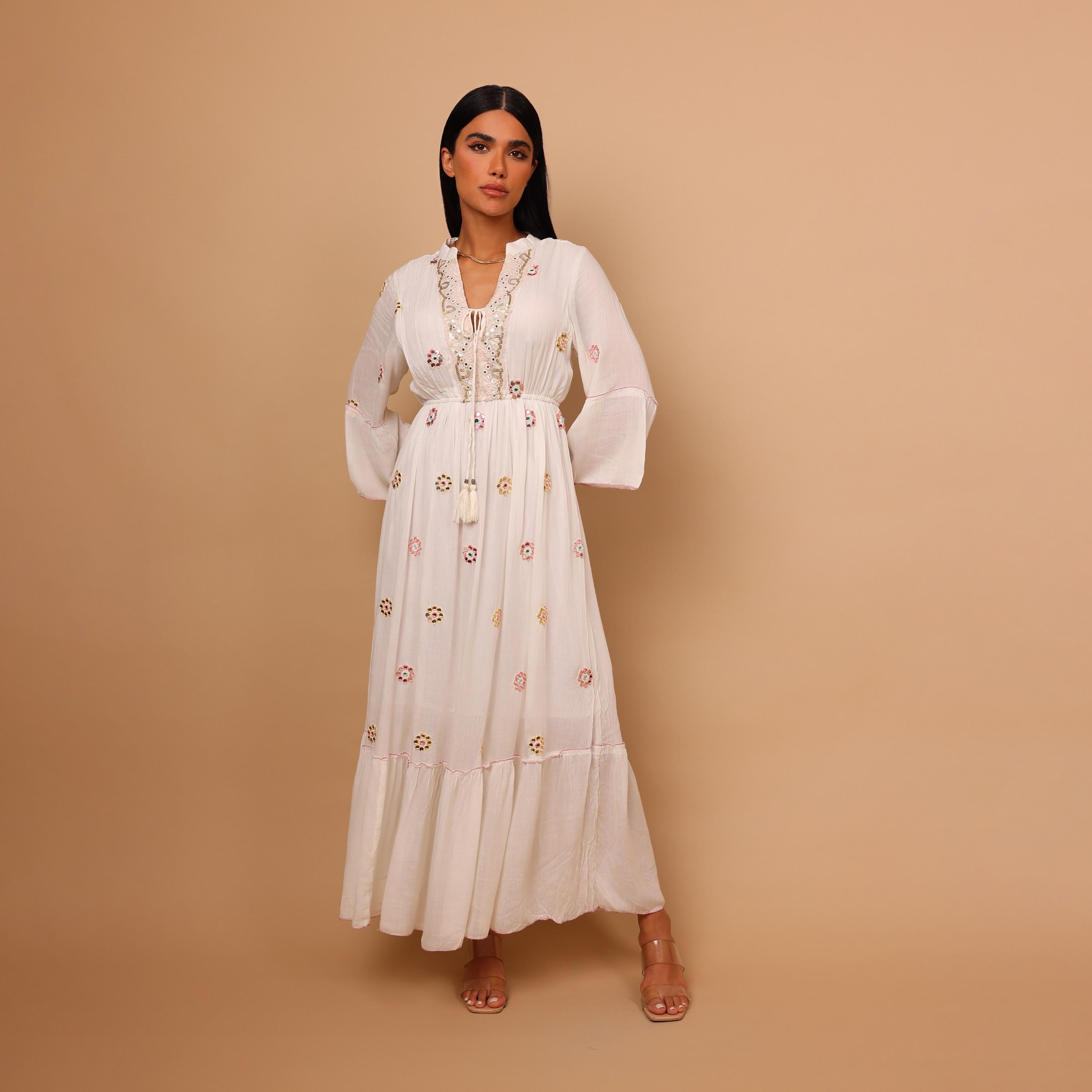IKKXA Mirror Work Geometric Embroidered Mandarin Collar Bell Sleeves Women's Tiered Jalabiya-women-arabicclothing-jalabiyas-image-2