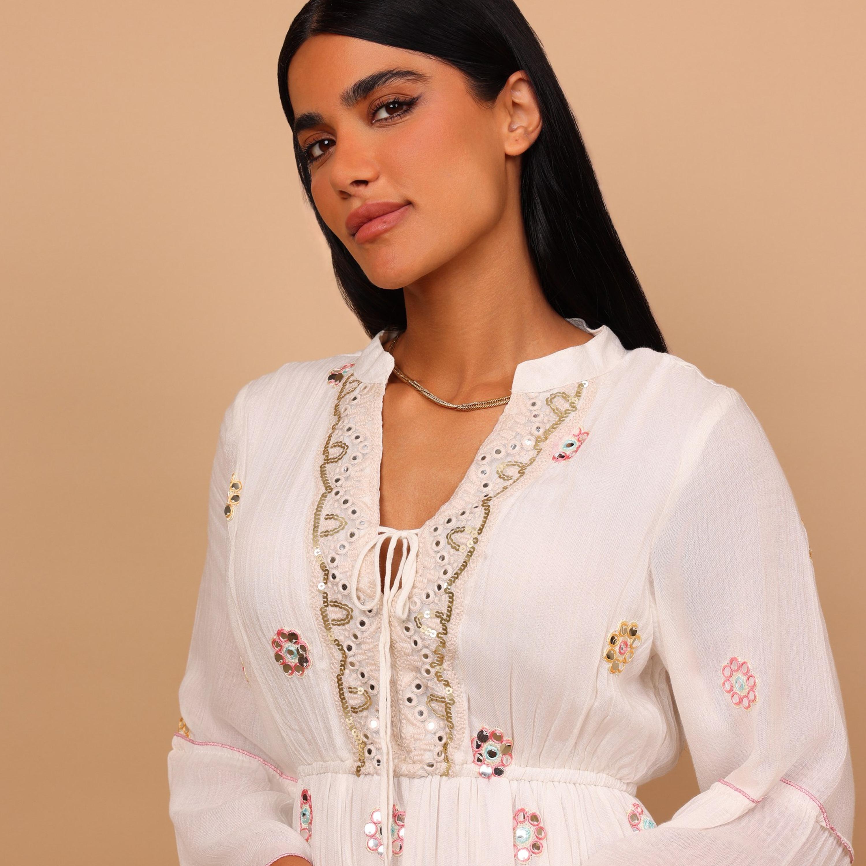 IKKXA Mirror Work Geometric Embroidered Mandarin Collar Bell Sleeves Women's Tiered Jalabiya-women-arabicclothing-jalabiyas-image-3
