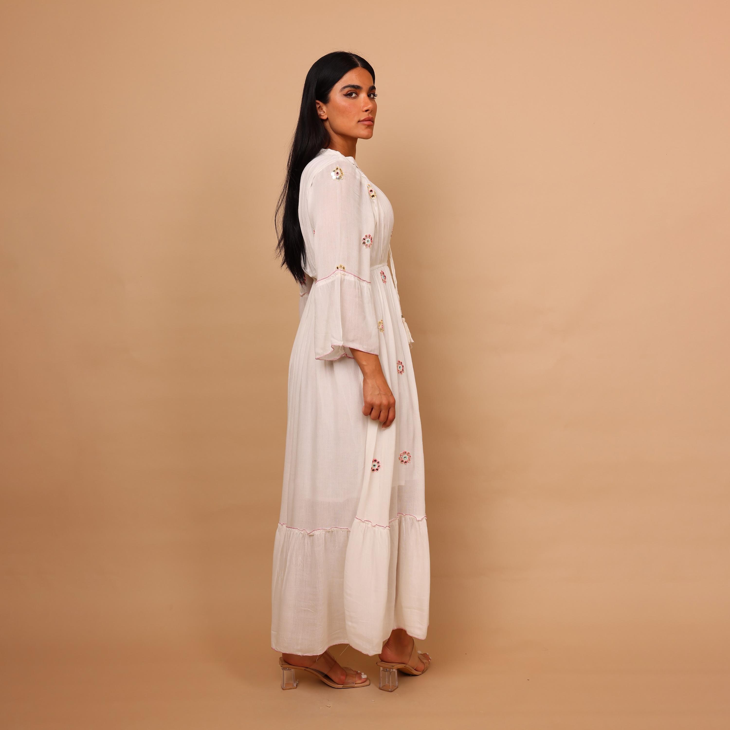 IKKXA Mirror Work Geometric Embroidered Mandarin Collar Bell Sleeves Women's Tiered Jalabiya-women-arabicclothing-jalabiyas-image-4