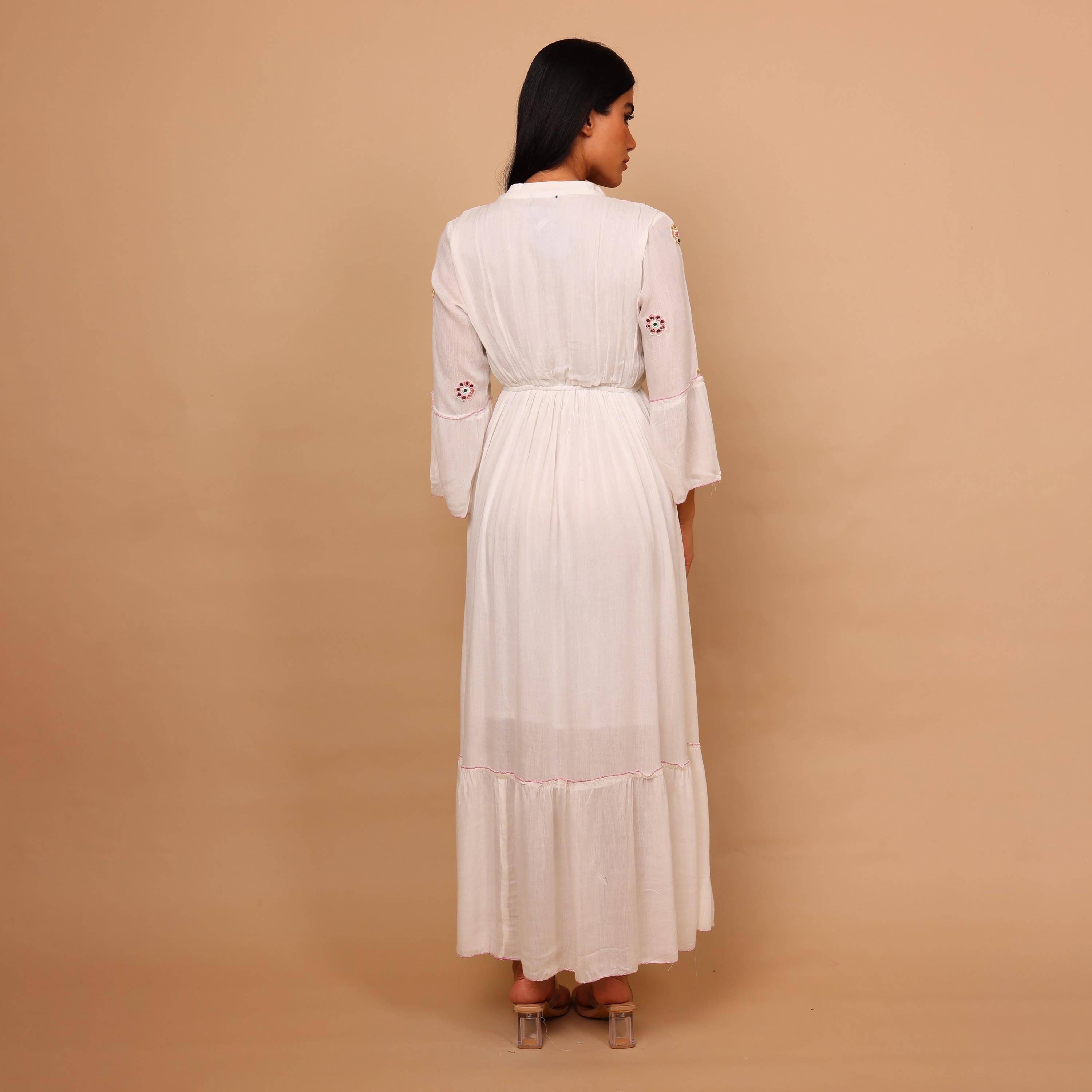 IKKXA Mirror Work Geometric Embroidered Mandarin Collar Bell Sleeves Women's Tiered Jalabiya-women-arabicclothing-jalabiyas-image-5