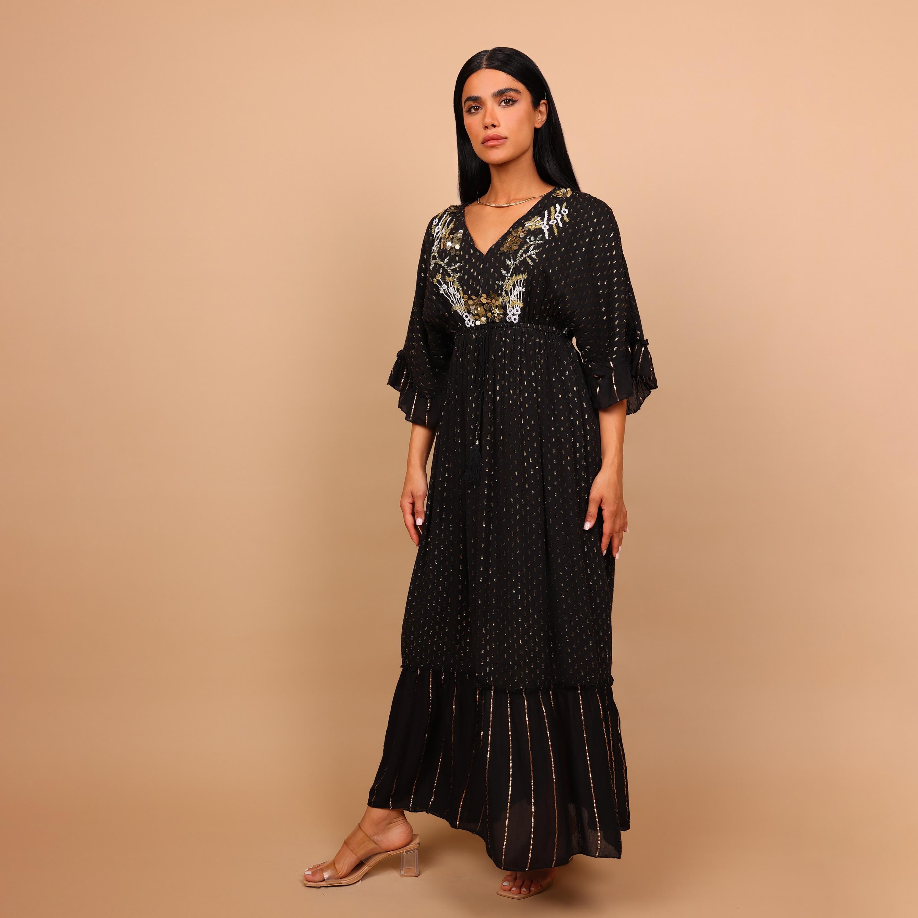 جلابية نسائية بطبقات وأكمام كشكش معدنية مع صدرية مطرزة بالخرز من إيككسا-women-arabicclothing-jalabiyas-image-17