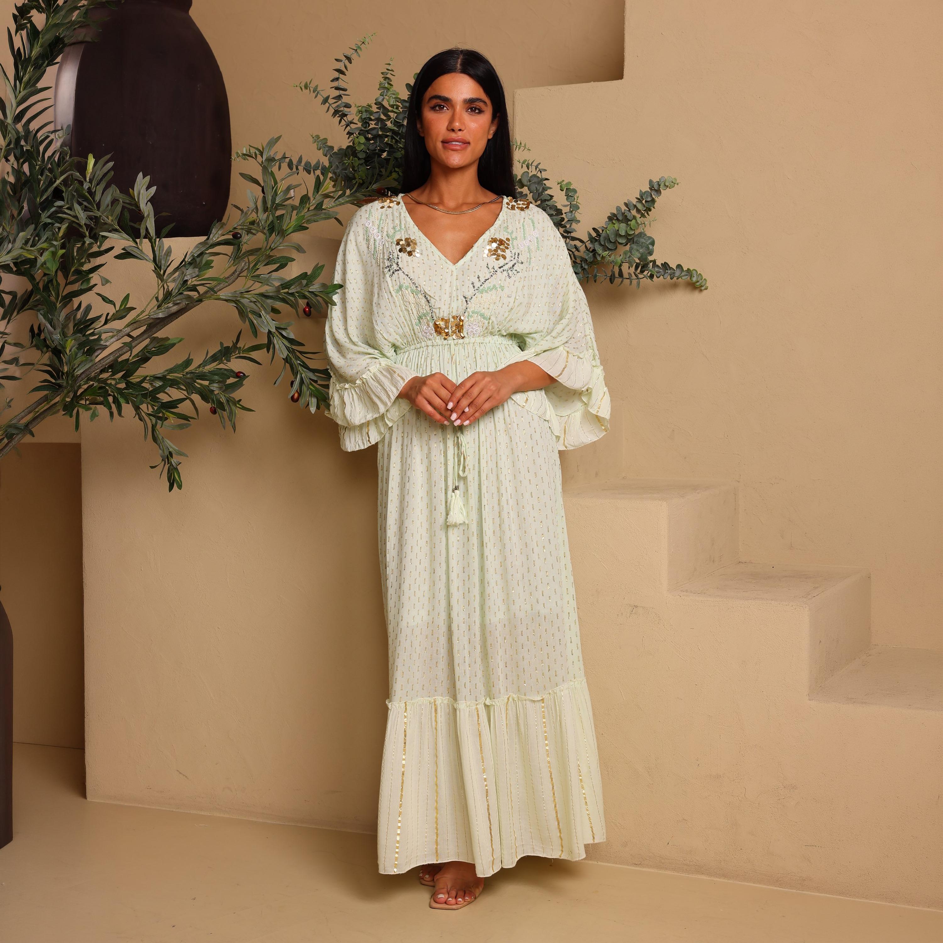 IKKXA Beaded Yoke Metallic Ruffled Sleeves Women's Tiered Jalabiya-women-arabicclothing-jalabiyas-image-1