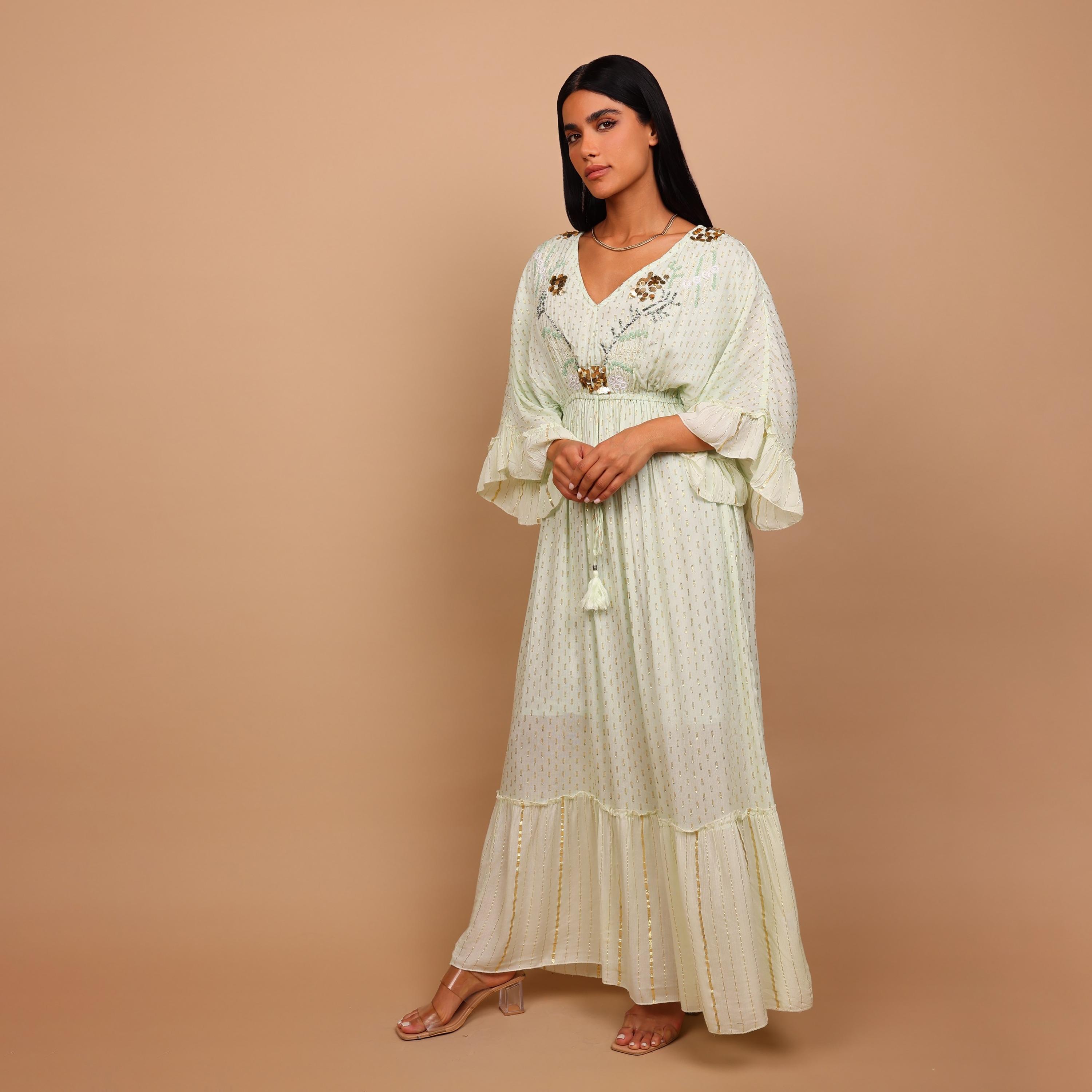 IKKXA Beaded Yoke Metallic Ruffled Sleeves Women's Tiered Jalabiya-women-arabicclothing-jalabiyas-image-2