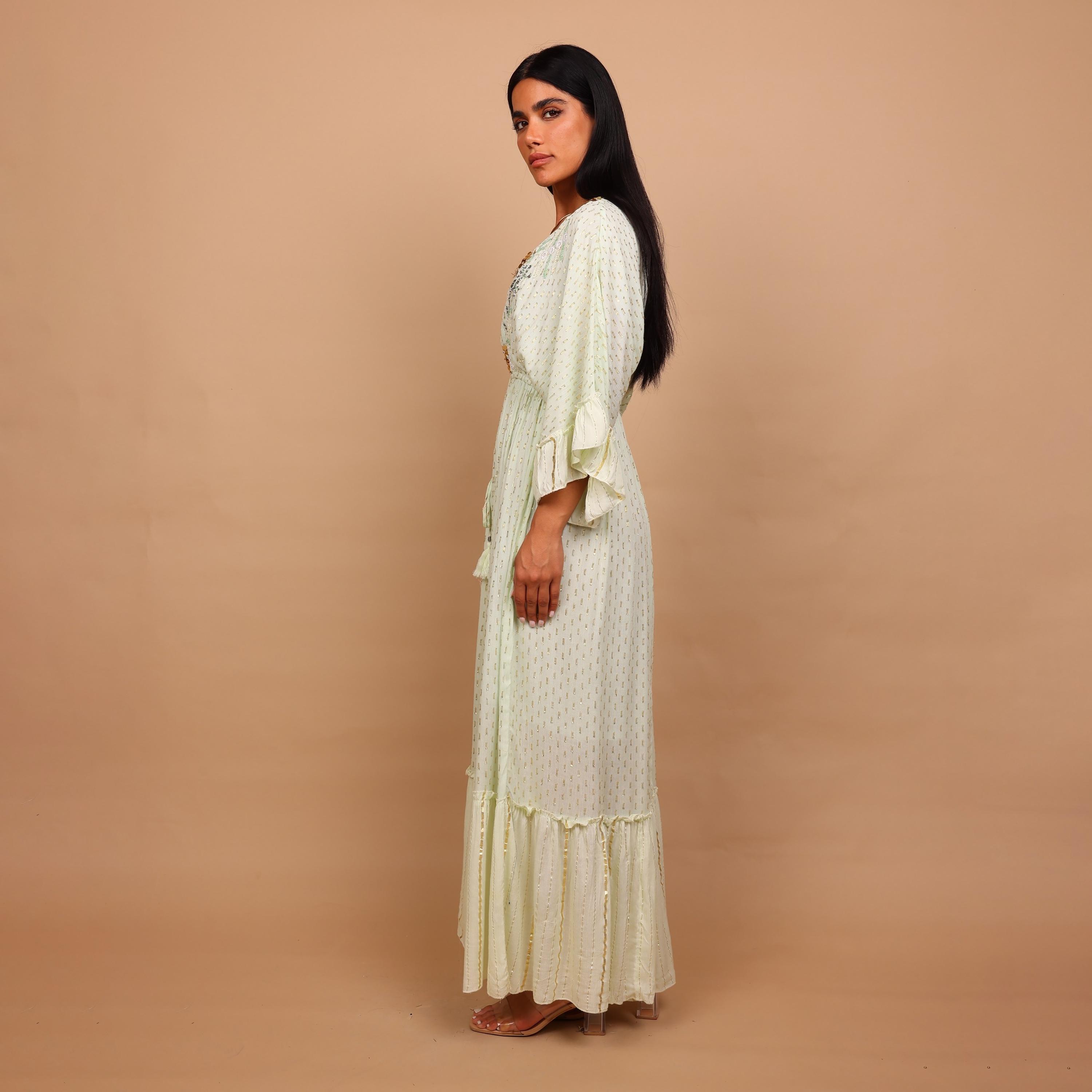 IKKXA Beaded Yoke Metallic Ruffled Sleeves Women's Tiered Jalabiya-women-arabicclothing-jalabiyas-image-4