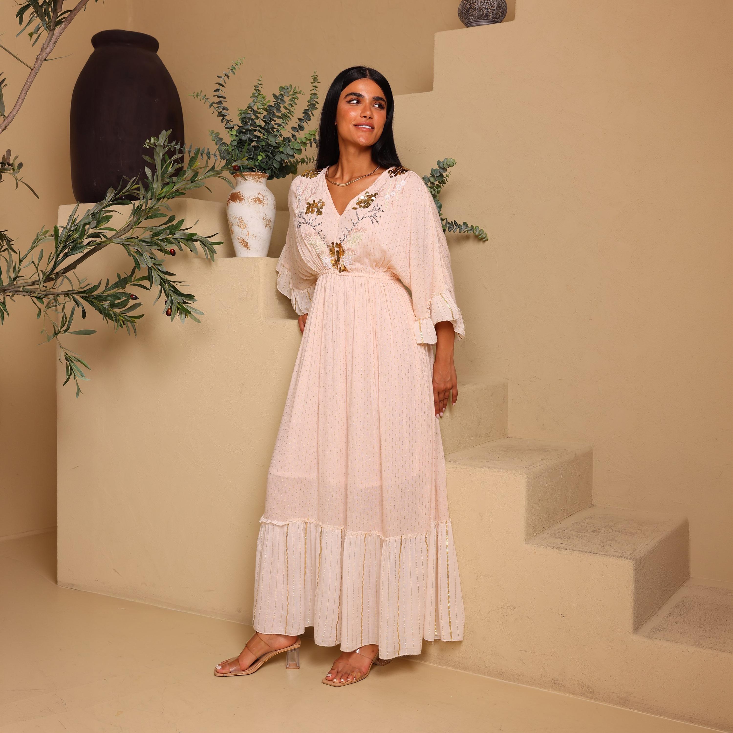 جلابية نسائية بطبقات وأكمام كشكش معدنية مع صدرية مطرزة بالخرز من إيككسا-women-arabicclothing-jalabiyas-image-6