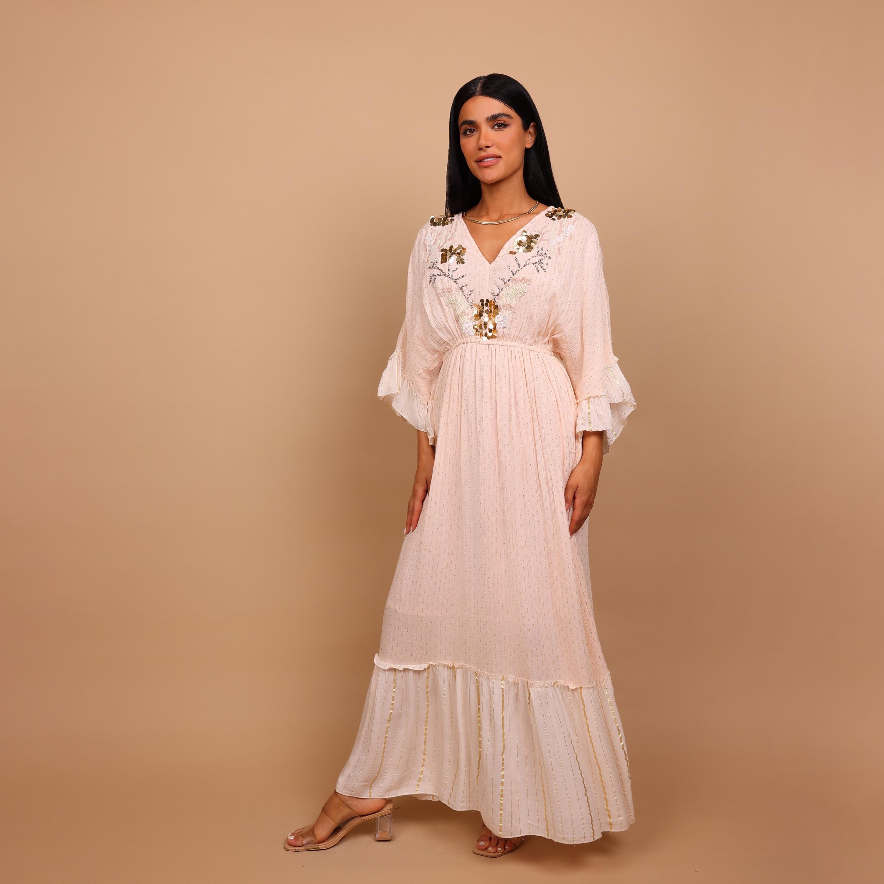 جلابية نسائية بطبقات وأكمام كشكش معدنية مع صدرية مطرزة بالخرز من إيككسا-women-arabicclothing-jalabiyas-image-7